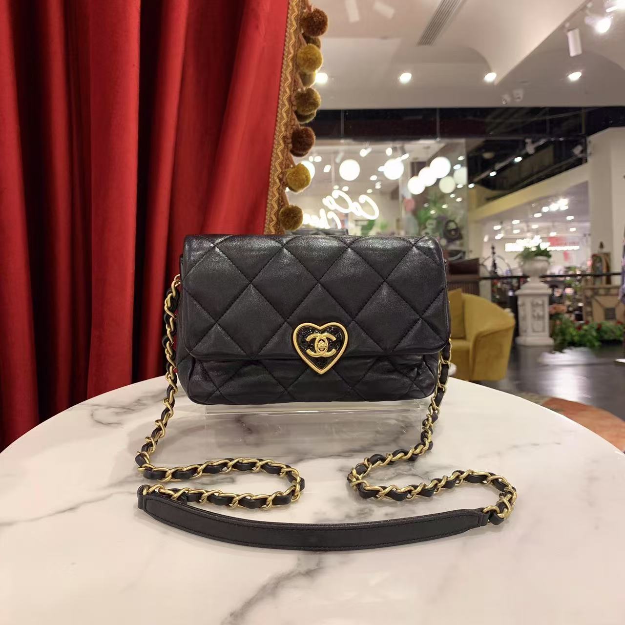 95新 Chanel/香奈儿 GGS23s爱心大mini珐琅扣黑金羊皮芯45941553