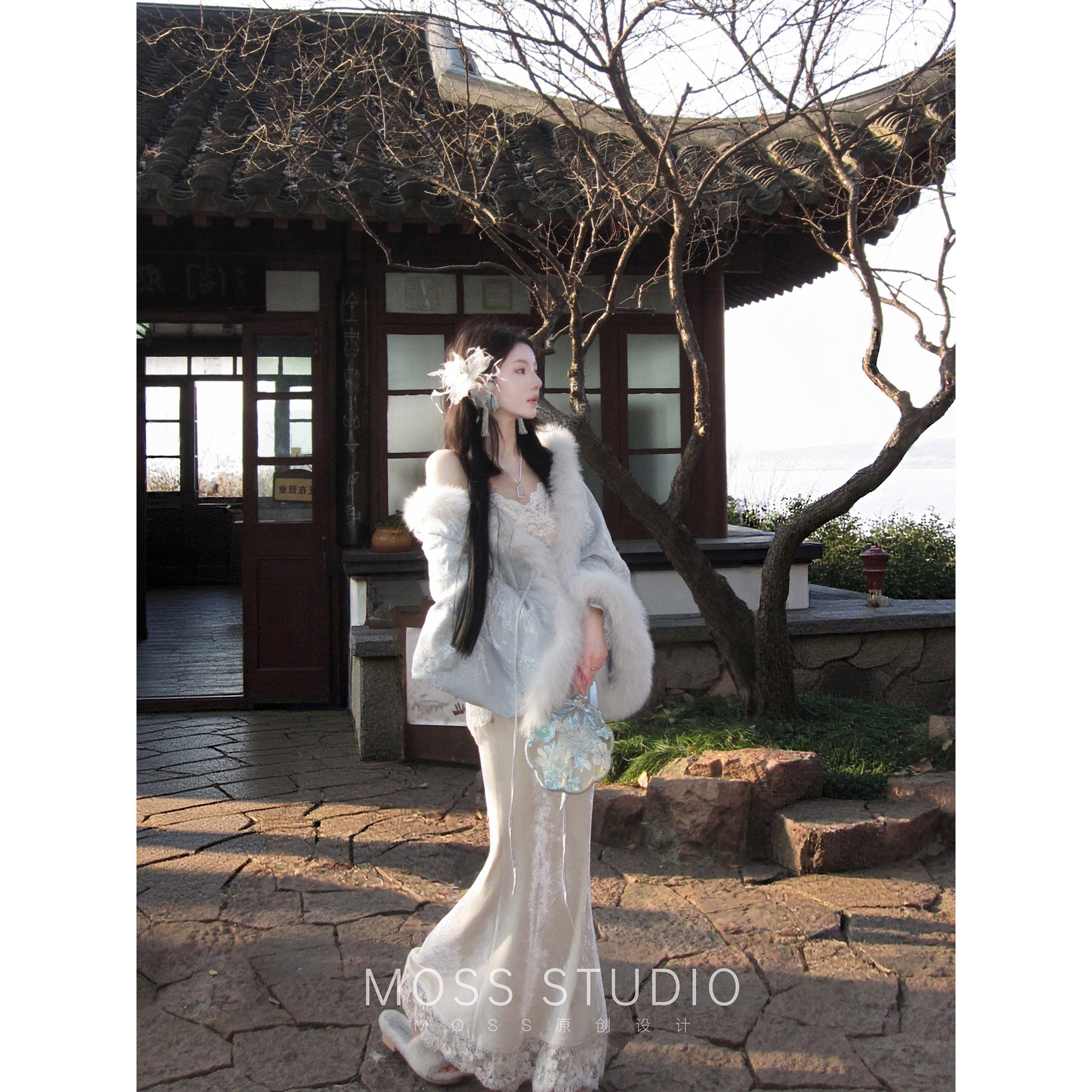 MOSS STUDIO【岚玉生烟】冬季新中式重工珠绣丝绒狐狸毛棉服外套女