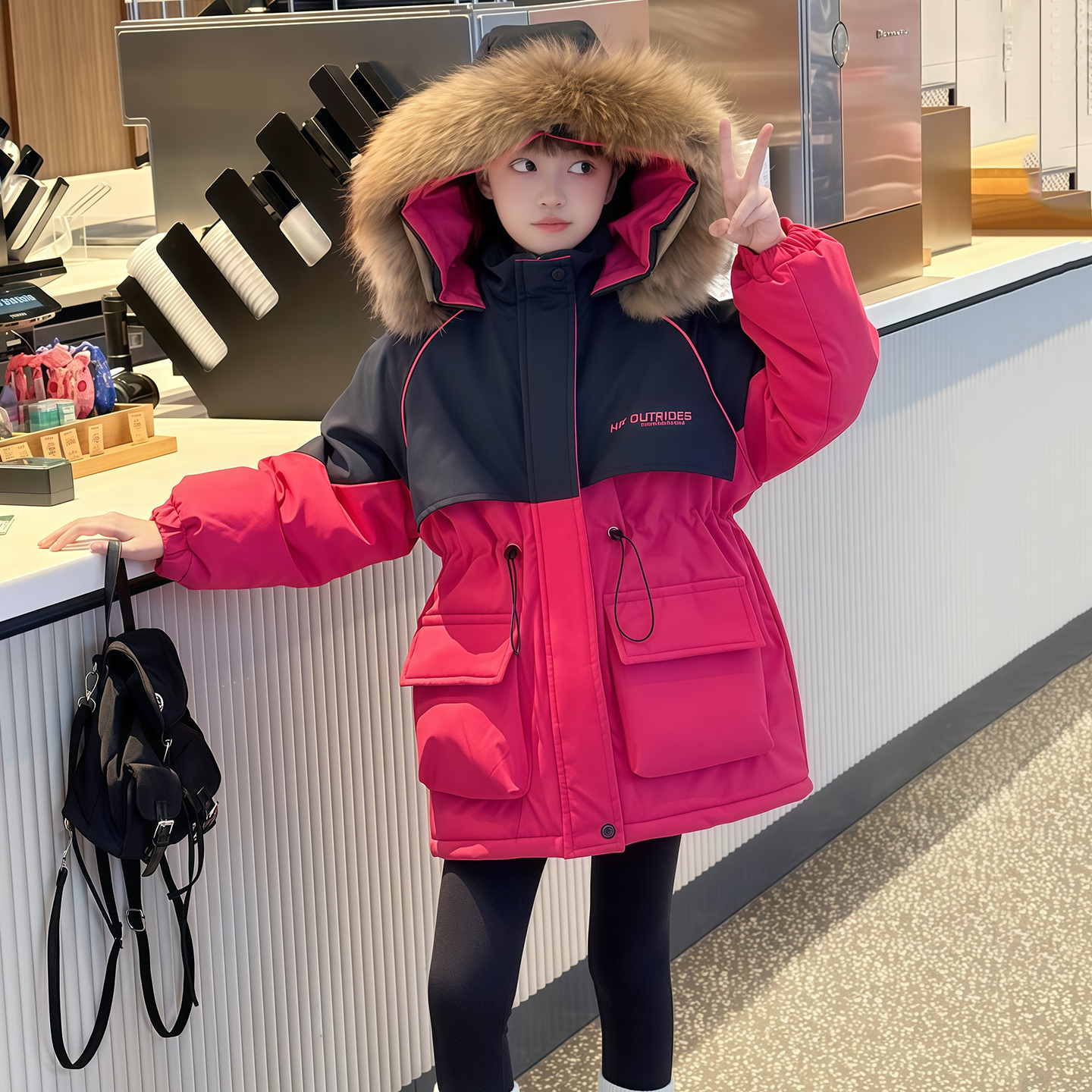 女童秋冬加绒加厚派克服中大童女孩网红棉服连帽拼色棉衣保暖棉袄