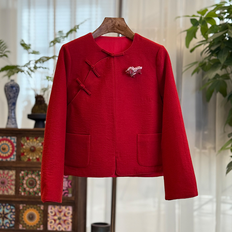 【丹华】新中式斜襟羊毛外套新春气质红色上衣简约百搭圆领国风女装