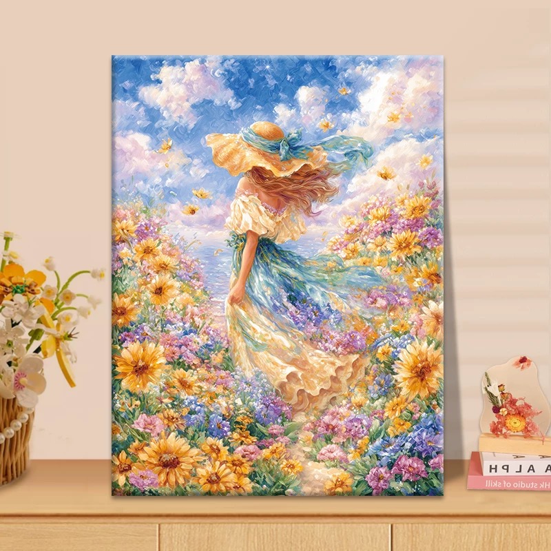 花中少女|数字油画diy真心遮盖六代颜料填涂色手绘礼物油彩装饰画
