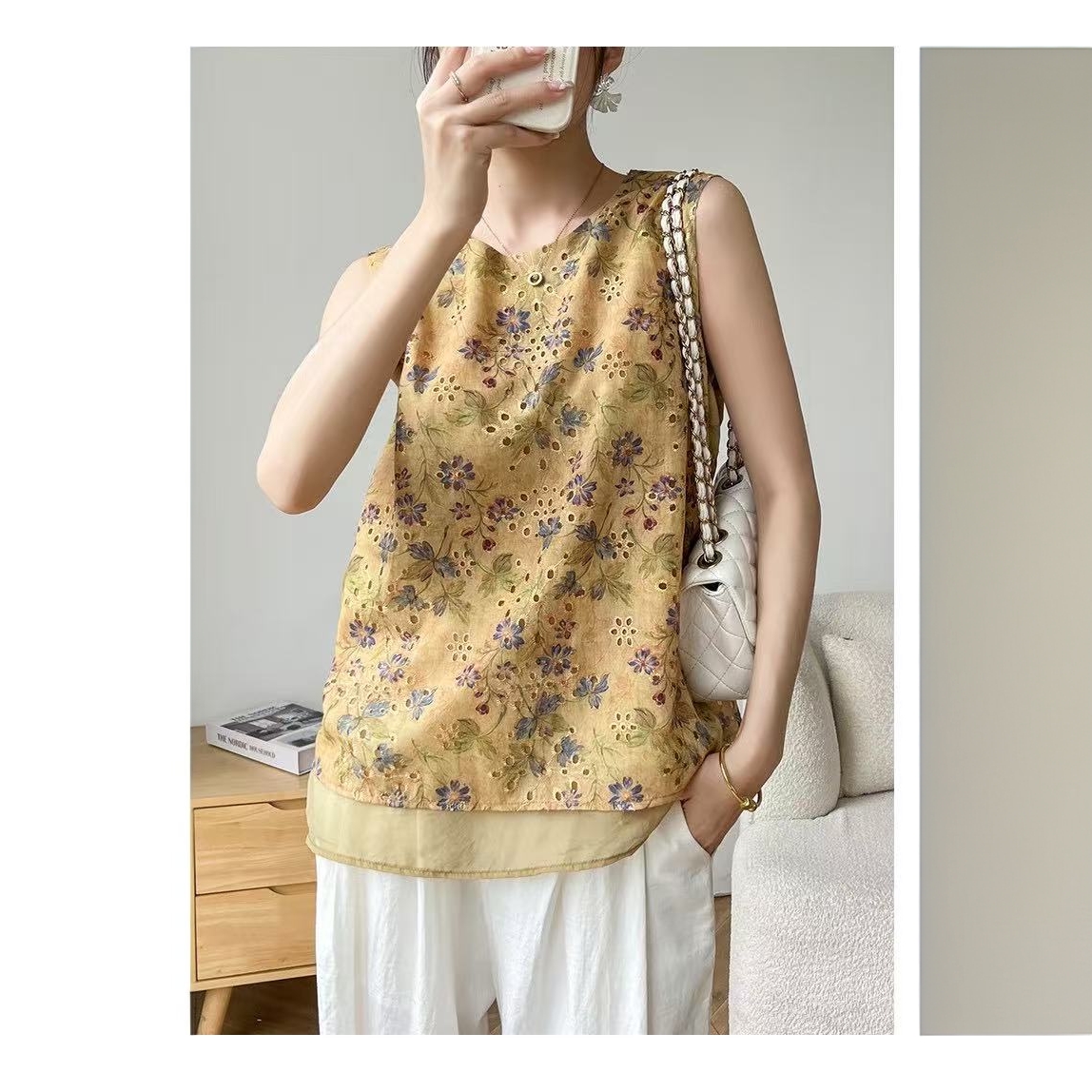 新中式（刺绣碎花无袖小衫）国风无袖短袖60衣长