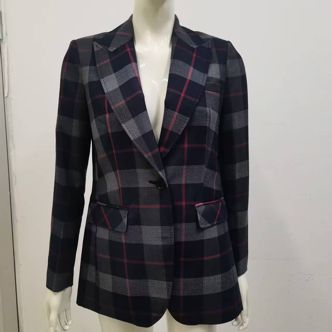 枪驳领灰红蓝格子圆角珠针一粒扣西装休闲修身显高显瘦时尚女西装