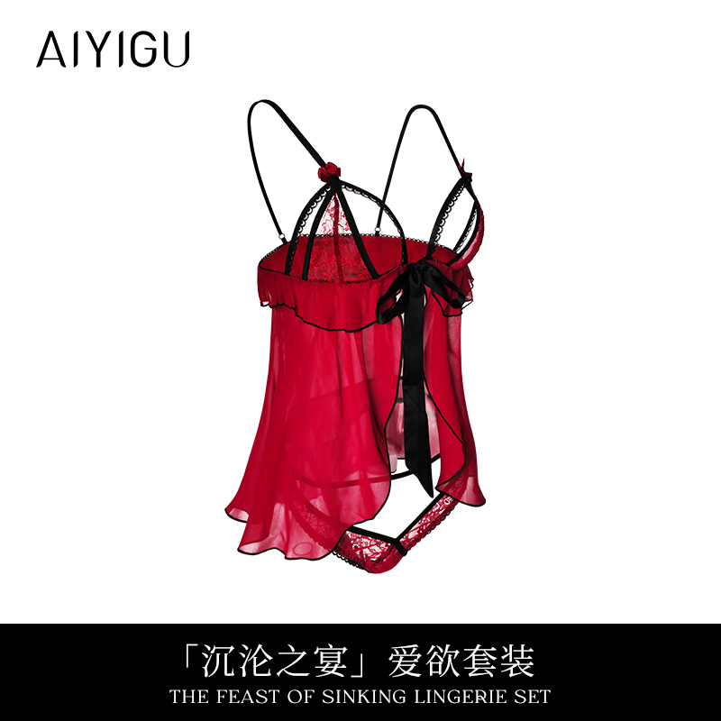 哎一沽蕾丝睡裙性感夏季家居服红色连体薄款露背大码纯欲风美背