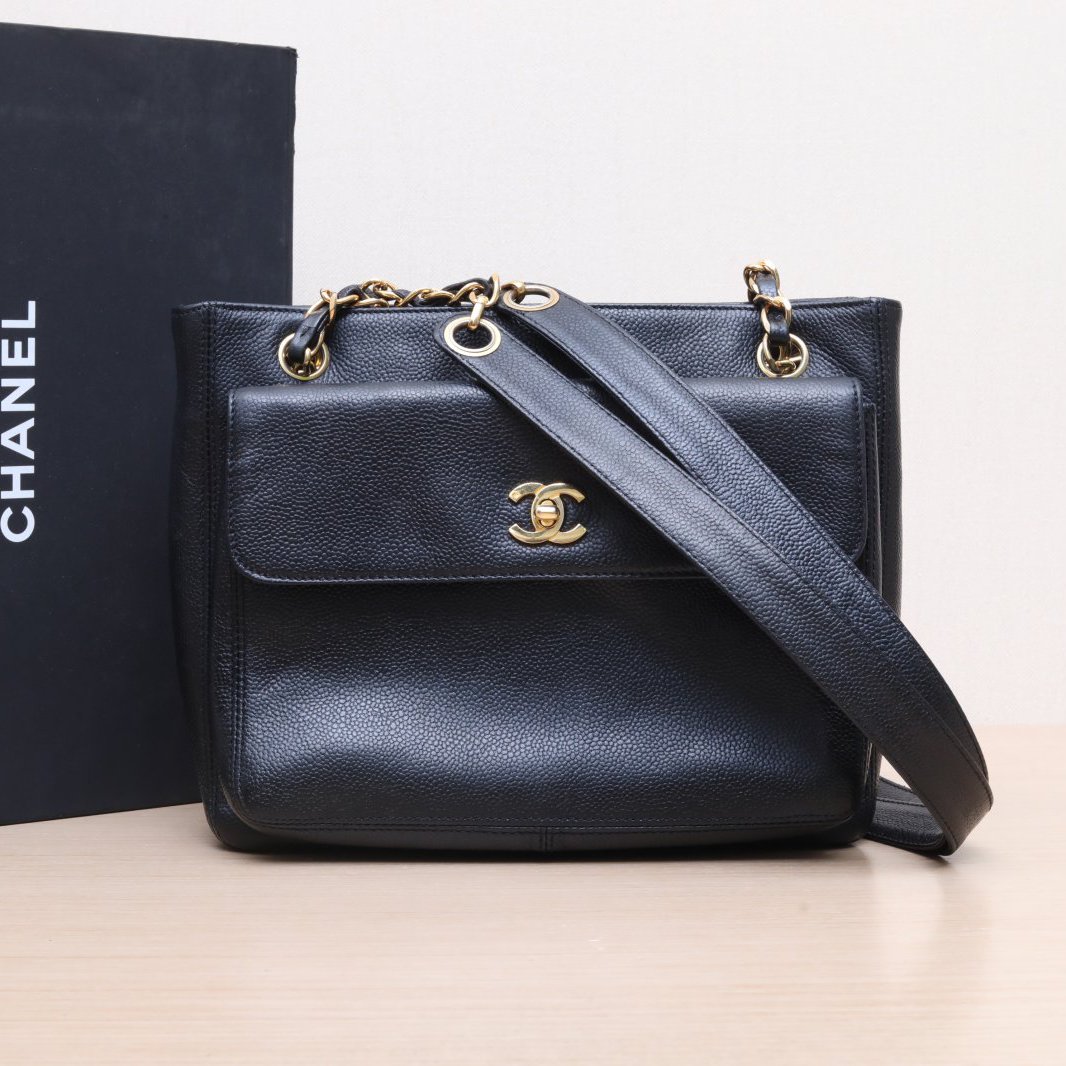 95新 Chanel/香奈儿 黑黑精选219887中古 书包扣奶粉包 4开 金扣 