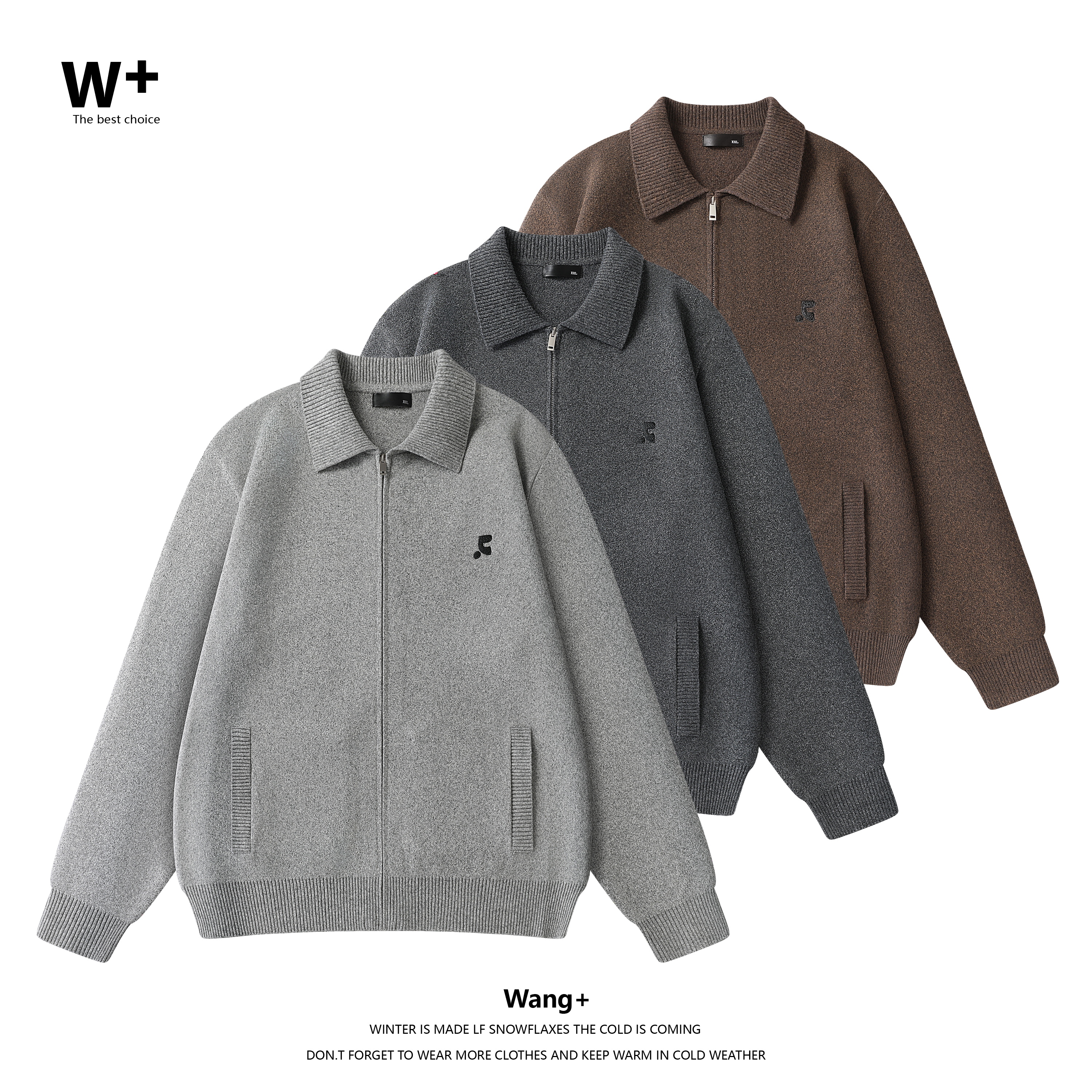 【Wang+】秋季新款男款毛衣针织拉链休闲复古开衫翻领外套86315