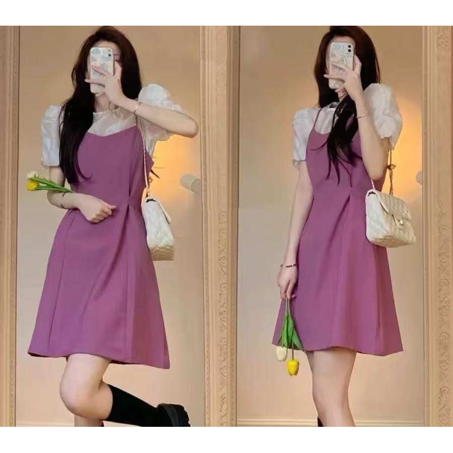 3824 正肩泡泡袖小衫+气质收腰吊带连衣裙两件套