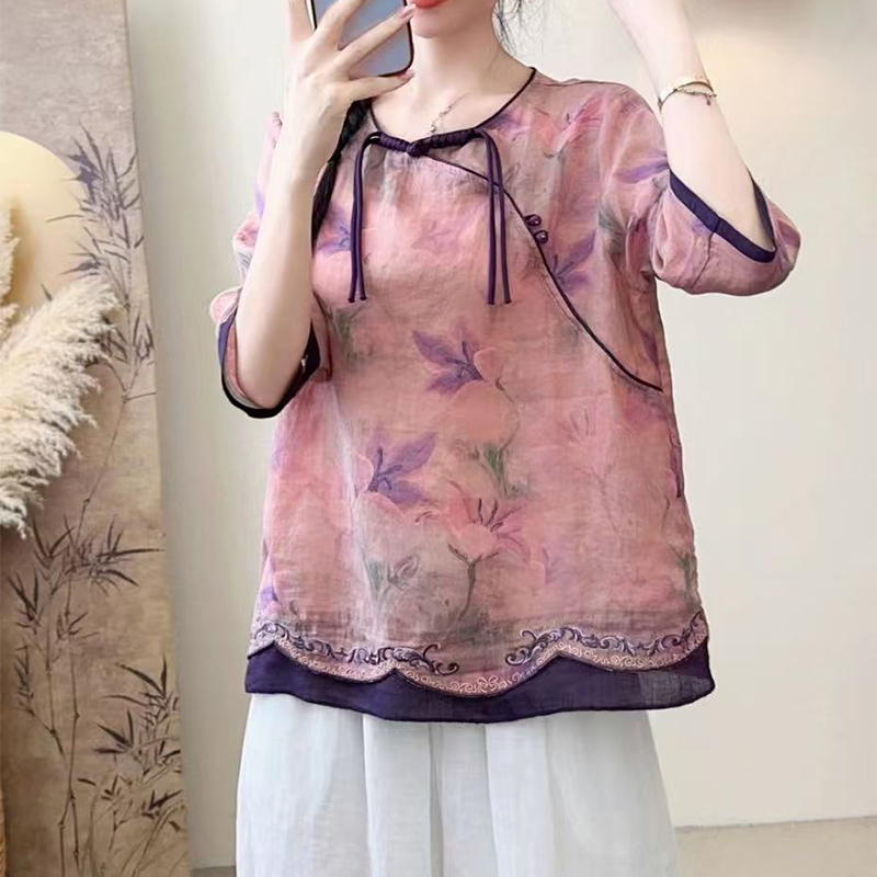 复古苎麻内里包边水墨印花盘扣流苏衬衫女夏新款文艺大码显瘦上衣