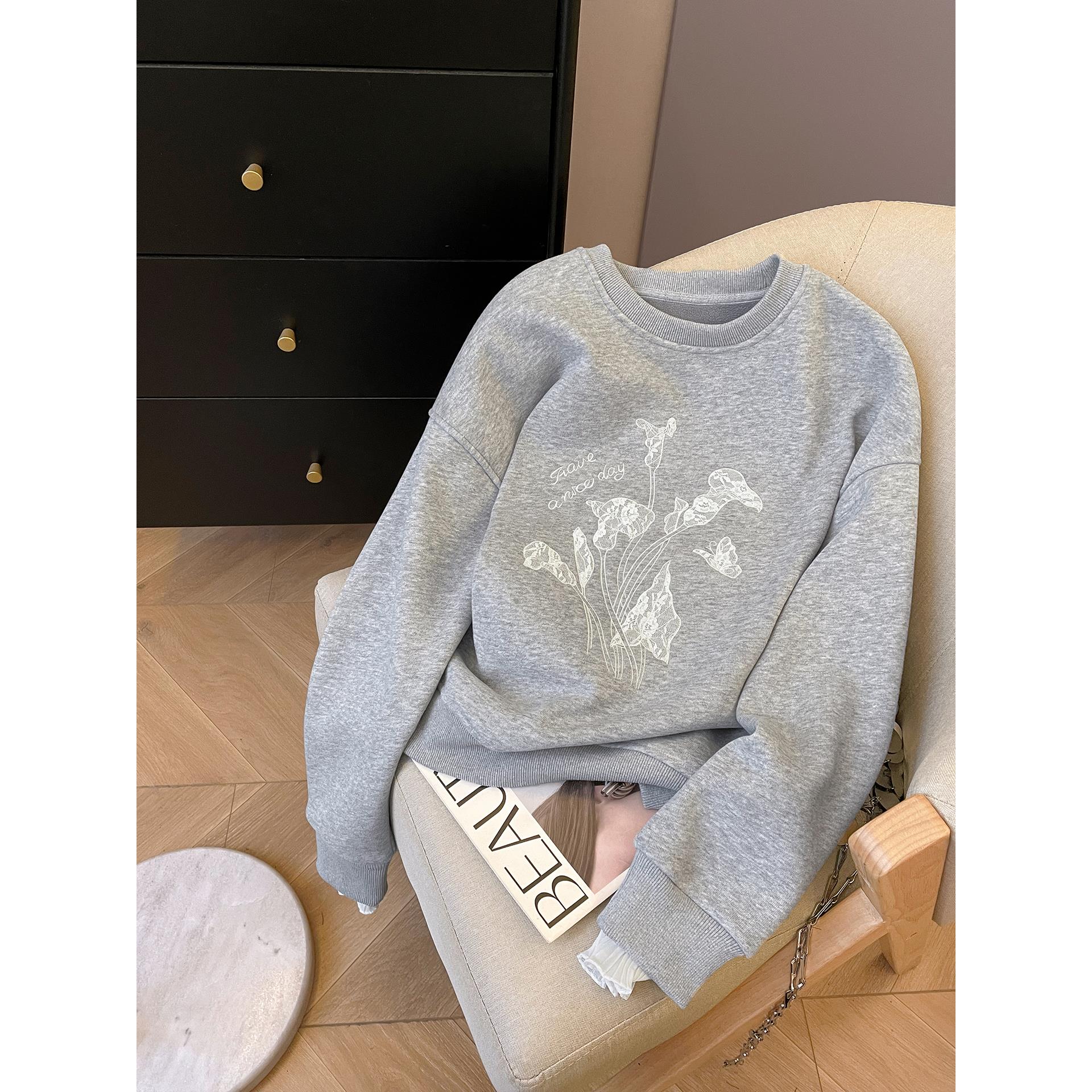 小C家 灰色加绒卫衣女2025新款秋季宽松花朵刺绣蕾丝拼接长袖上衣
