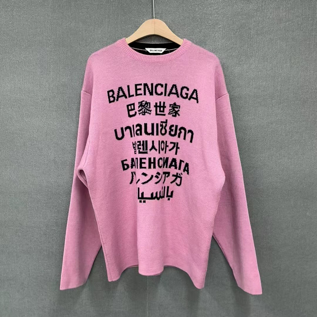 99新 Balenciaga/巴黎世家 七国语言圆领毛衣粉色 99新xs码