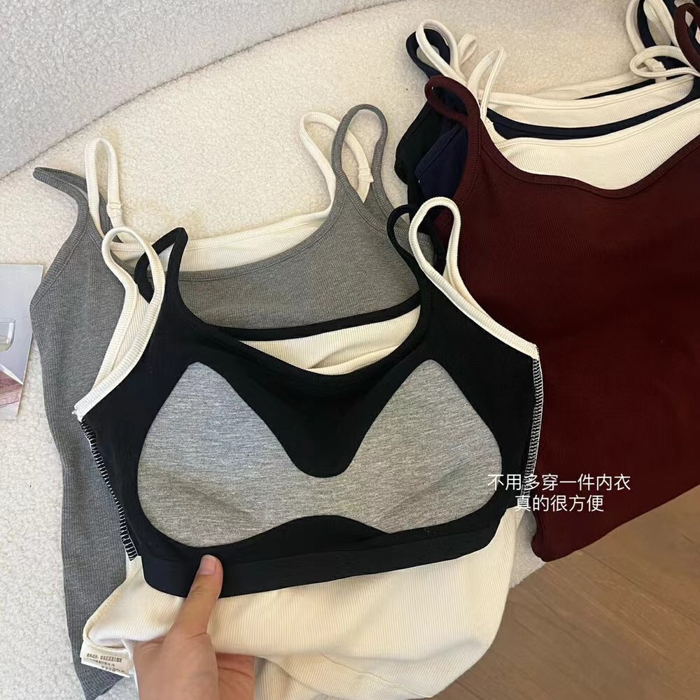 新款辣妹复古磨绒一体式撞色双肩带高品质螺纹吊带背心文胸美背女