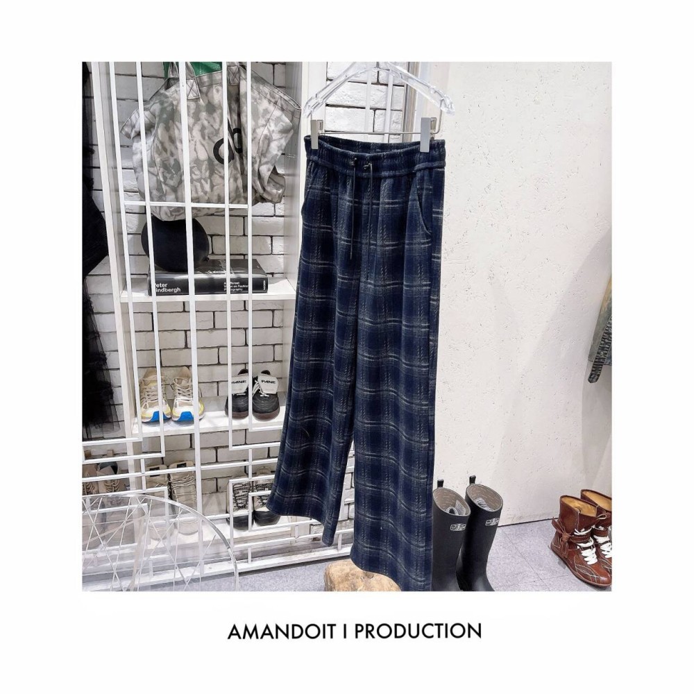 3753丨蓝灰加绒宽松格子裤