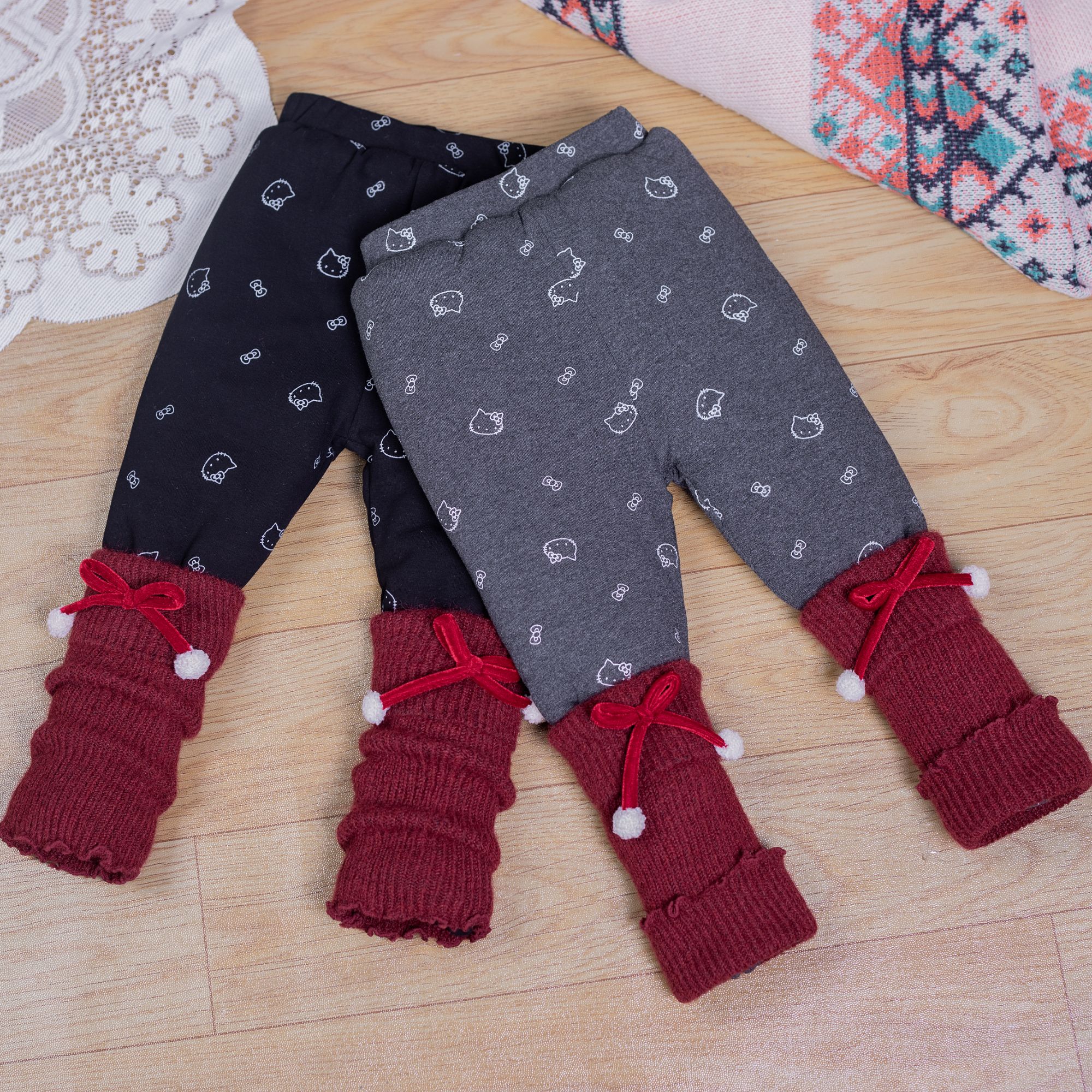 女童冬季三层夹棉加绒保暖洋气堆堆袜蝴蝶结打底裤儿童卡通猫裤子