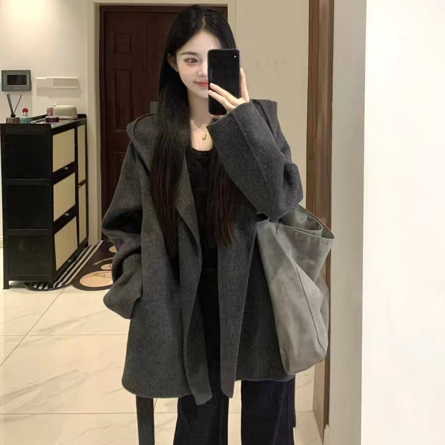 连帽腰带浴袍新款韩版宽松双面羊毛小个子赫本风高级感气质外套