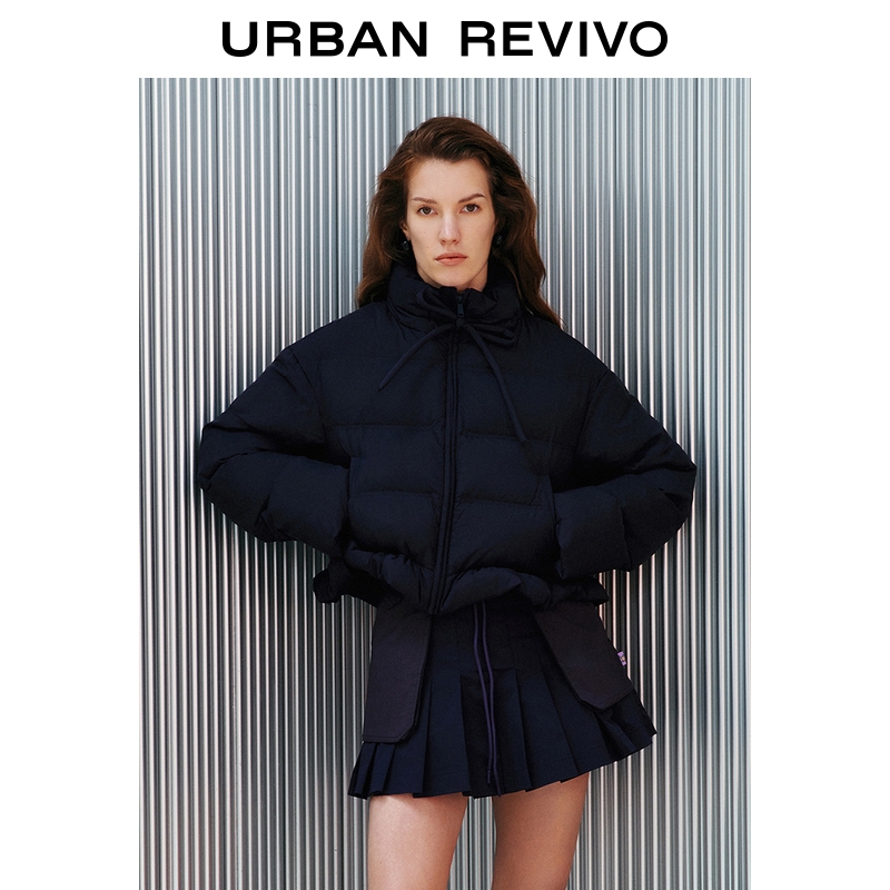 UR2025秋季新款女休闲系带收褶立领宽松羽绒服外套UYL150042
