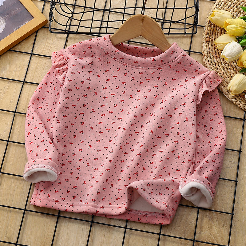 吸汗女春秋宝宝上衣荷叶边木耳边夏季圆领碎花T恤