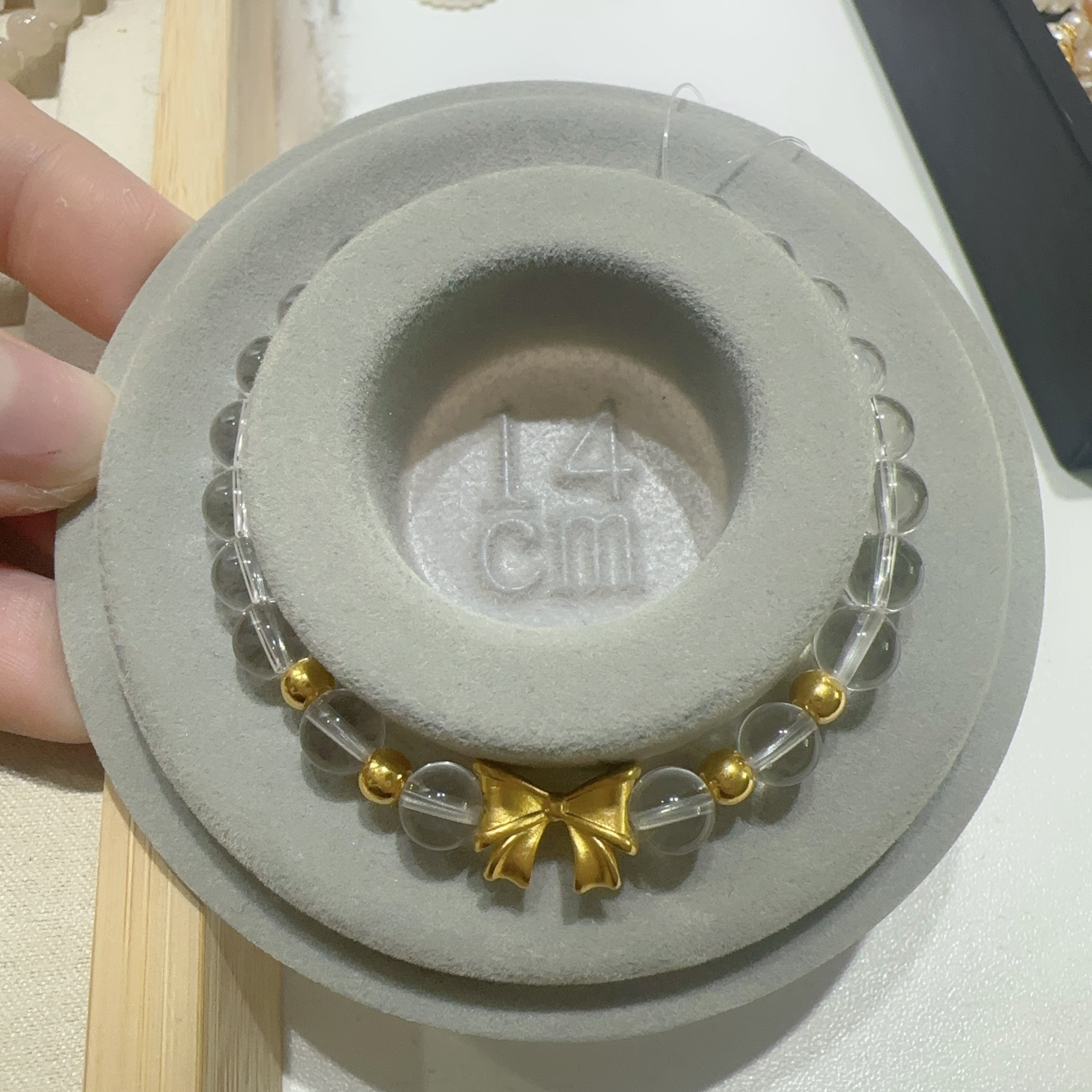 天然白水晶净体真金足金999蝴蝶结搭配亮面金珠手链气质精美女款