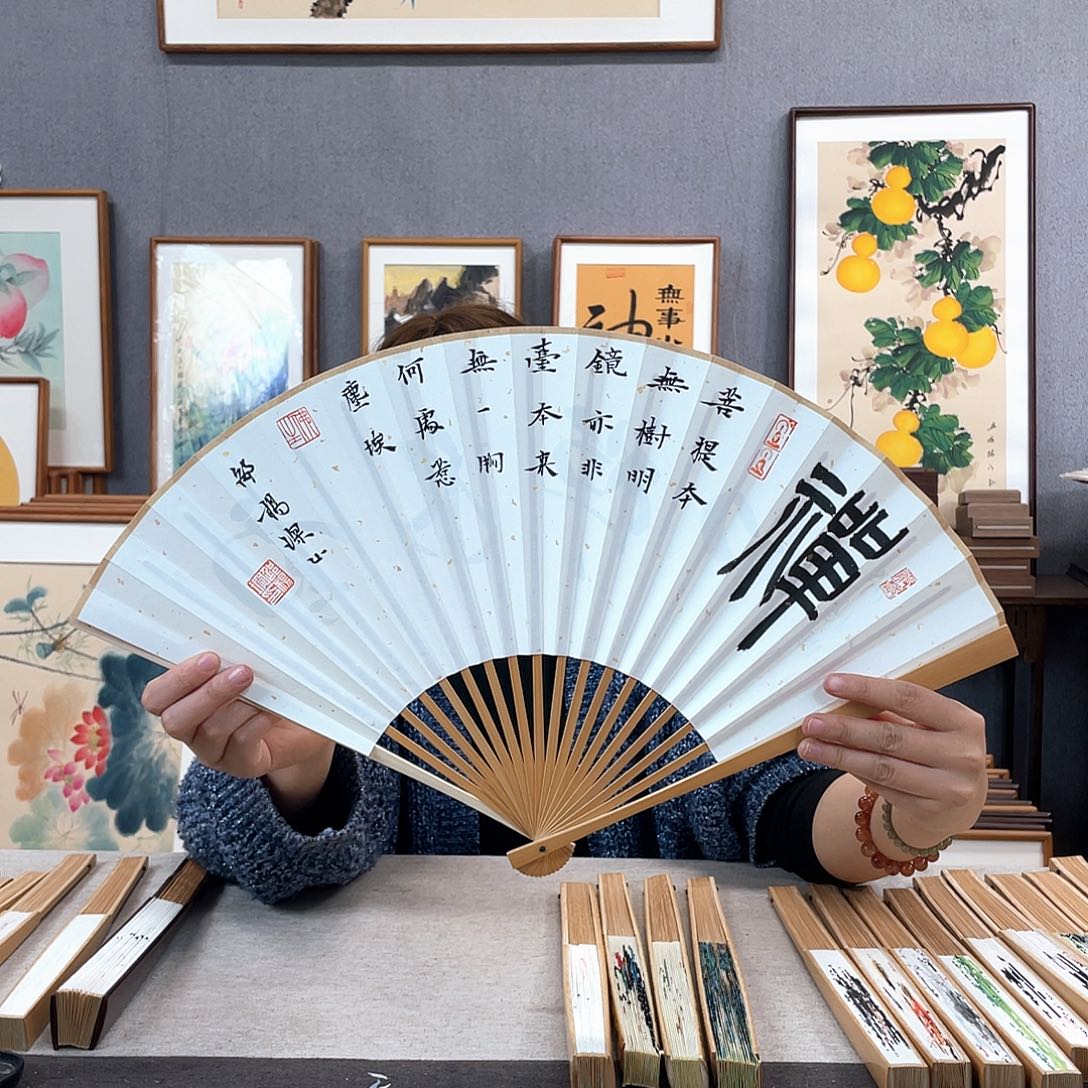 国画95寸玉竹-纯手绘-文玩扇骨（默认粘好）产