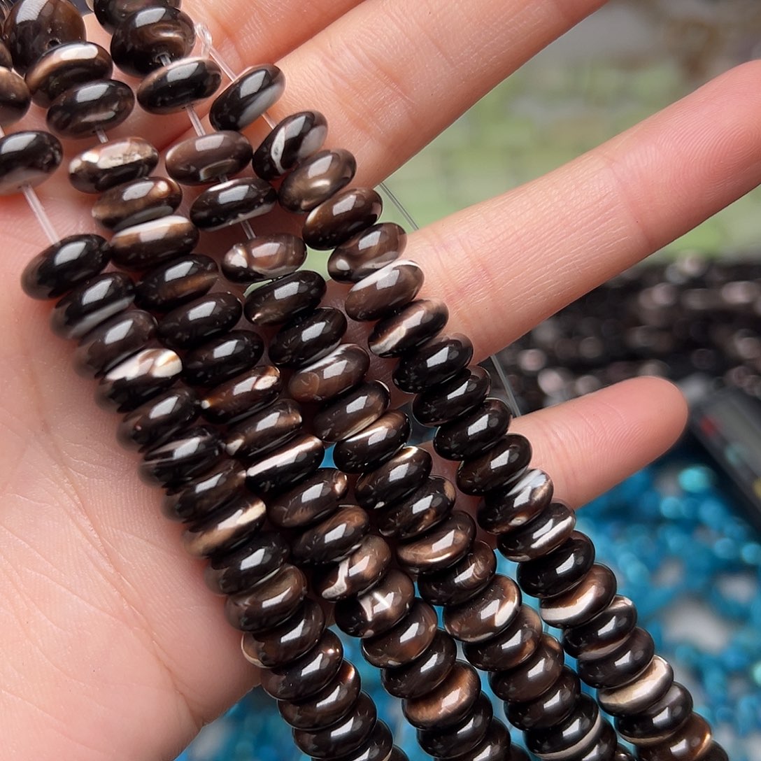 玛瑙/玉髓合金珠宝半成品N33。9.5mm天然黑金贝算盘珠一条