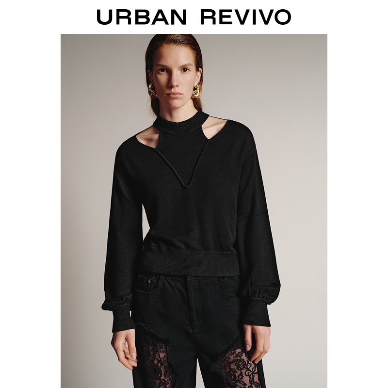 UR2025秋季新款女装时尚简约气质镂空长袖针织衫UWG950219