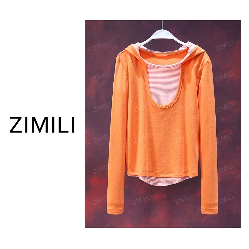 【亮哥女装】2025秋冬《晴橘》爱玛橙拼接条纹高弹打底上衣6238-A9