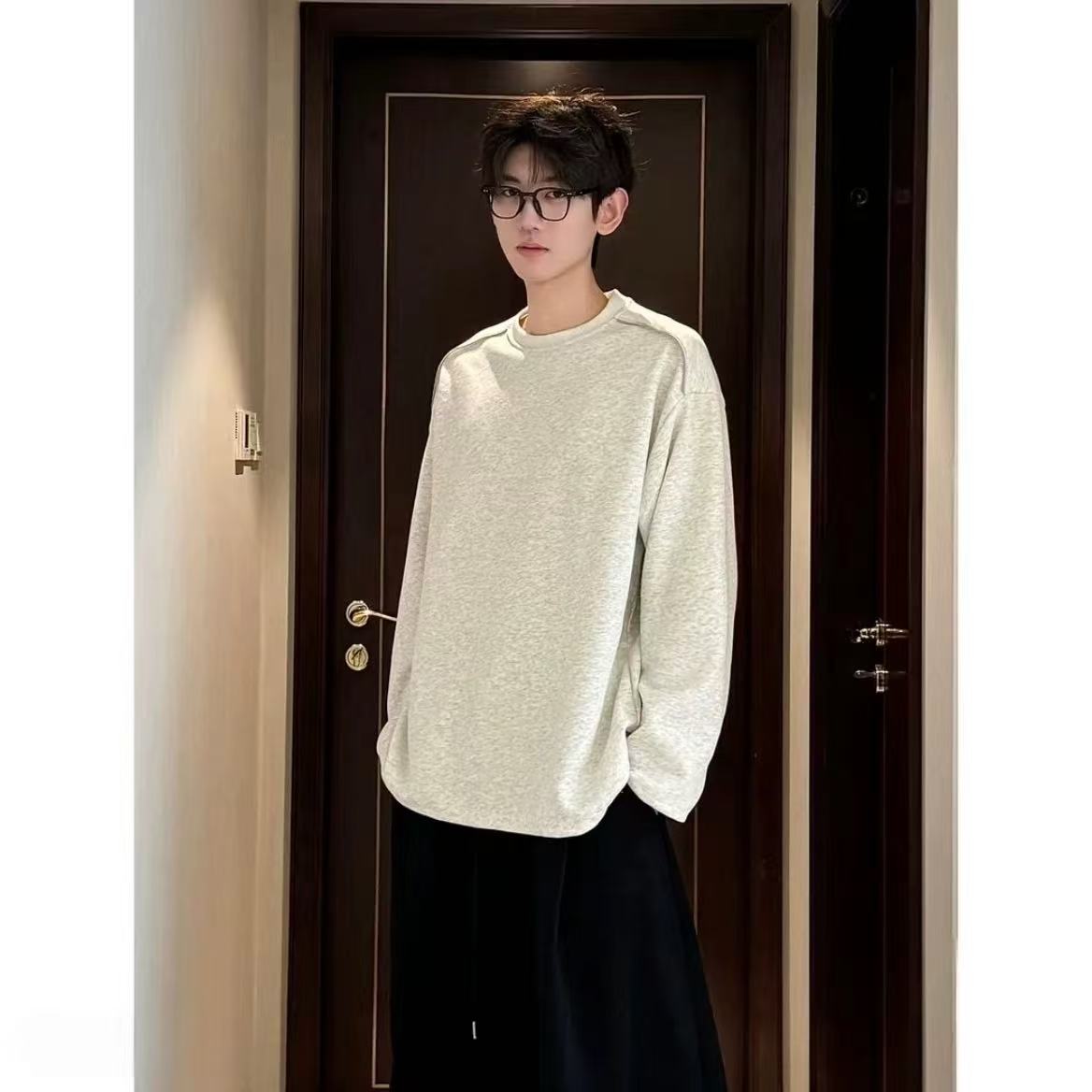 阿叔春季美式简约纯色链条拼接百搭宽松长袖T卫衣打底衫188-7710