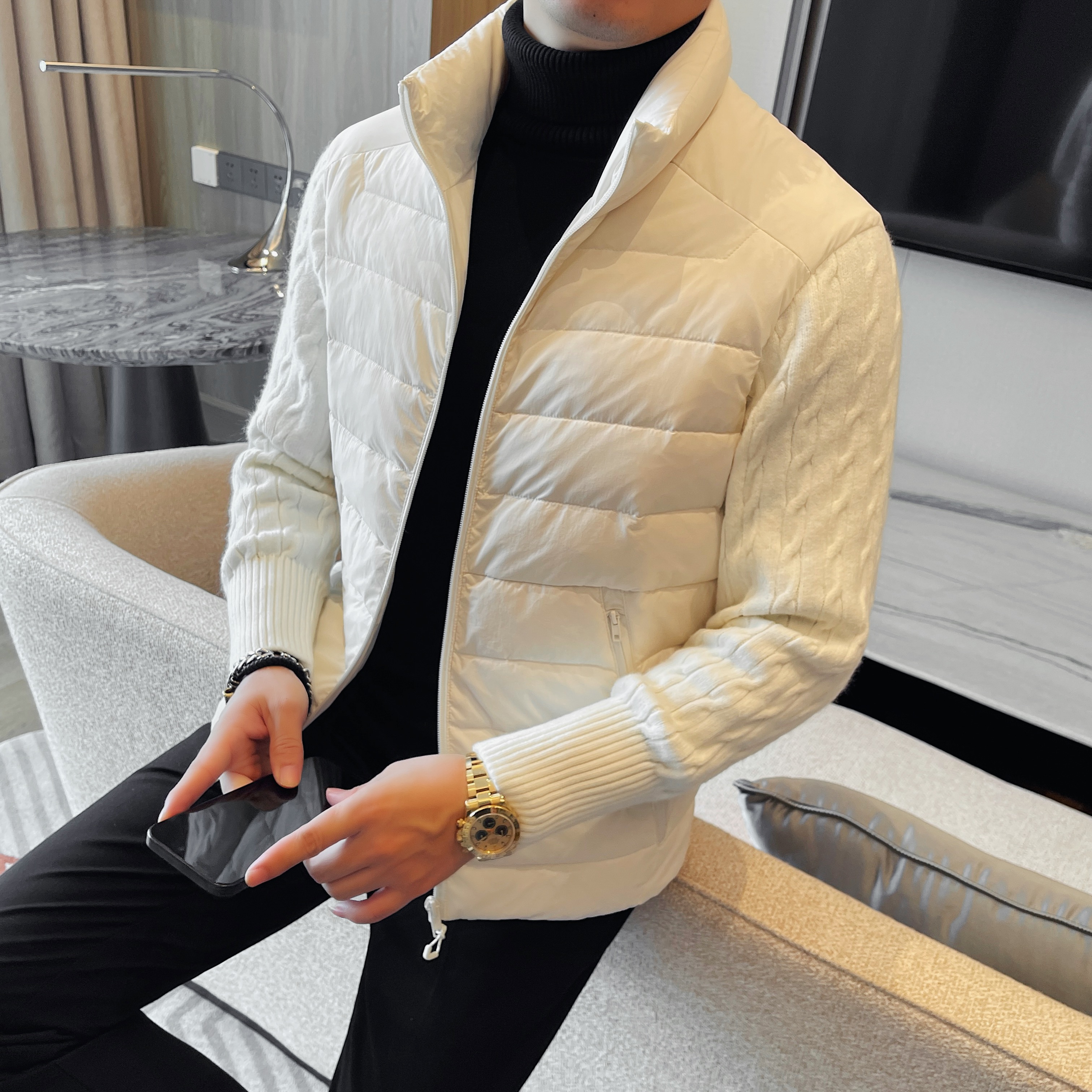 冬季男士轻薄修身毛衣袖子拼接90绒夹克羽绒服时尚休闲上衣外套