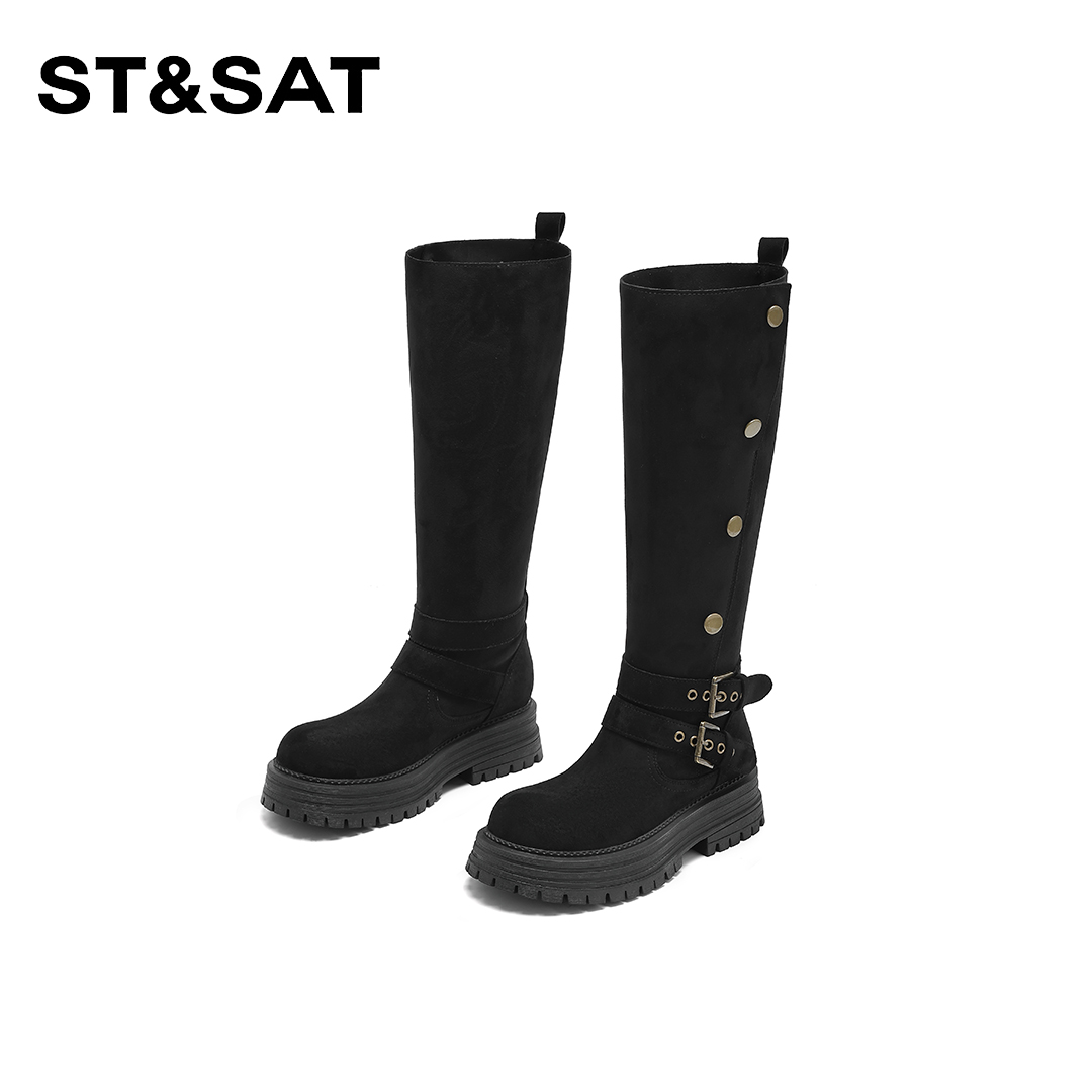 St&Sat/星期六2025年新款百搭长靴时尚复古高奢圆头英伦风女靴