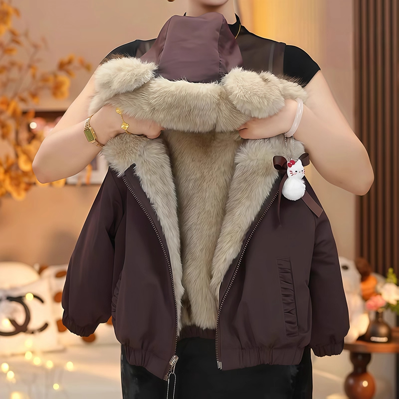 女童加绒外套秋冬季2025新款洋气儿童仿兔毛派克服女孩加厚上衣