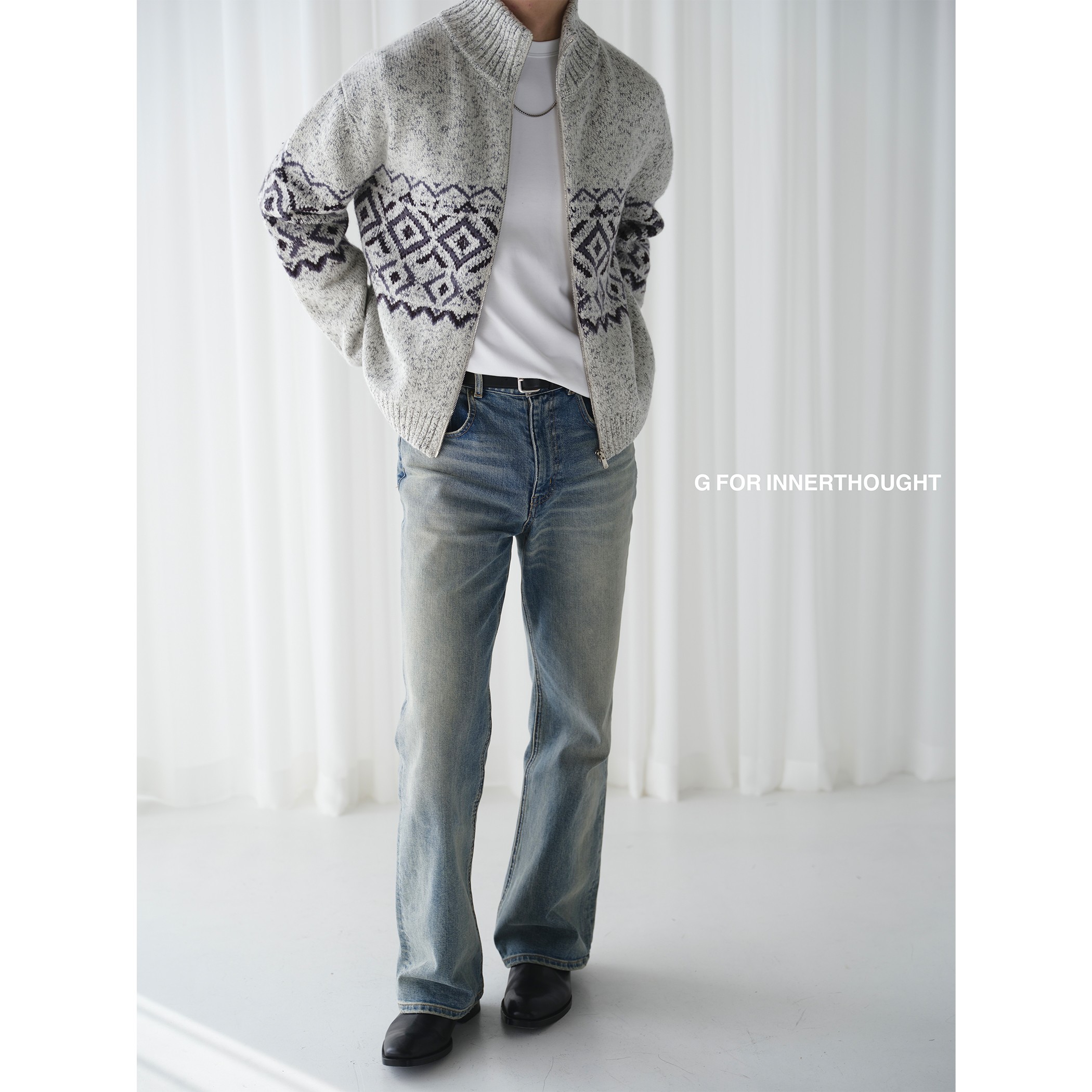 G FOR INNERTHOUGHT|原创费尔岛提花超细软糯美丽诺羊毛拉链开衫