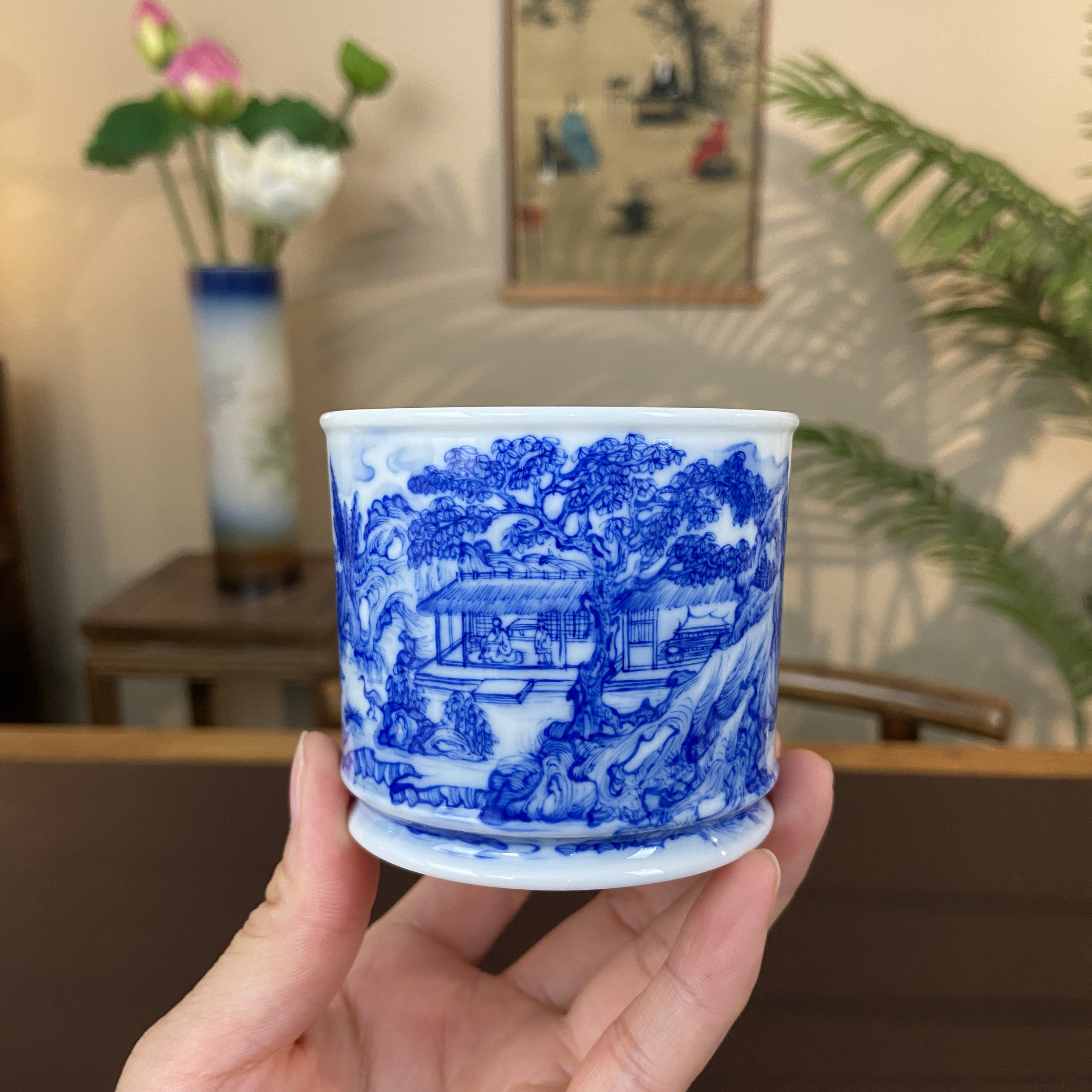 【九茗珍藏】林意宋画山水山水容天杯 景德镇手工手绘茶器茶具
