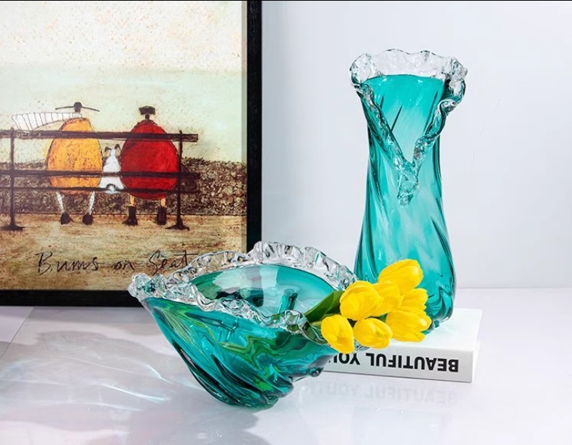 现代轻奢蓝色琉璃水果盘家用客厅创意大号干果盘艺术装饰桌面摆件