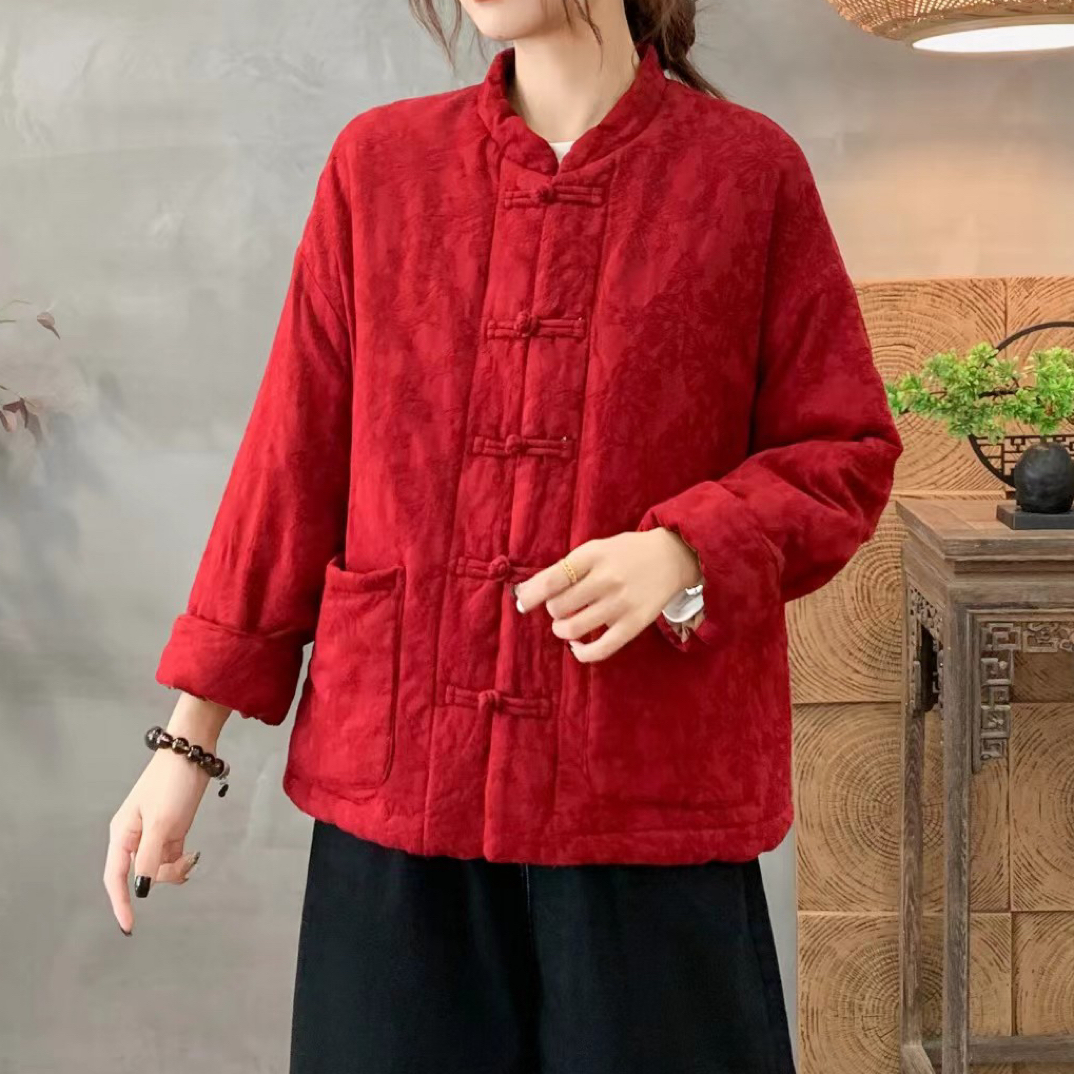 新中式复古盘扣麻棉提花加厚棉衣宽松百搭贵气女装