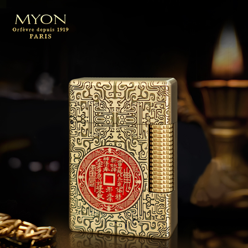 正品MYON爵士待机王M6山鬼花钱款黄铜一机一码金色煤油打火机高档