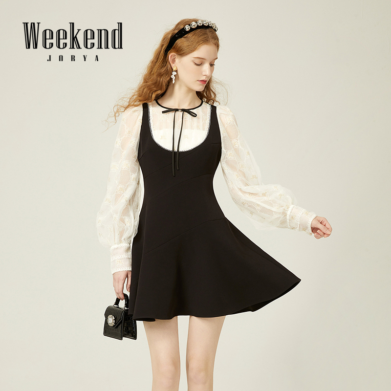 卓雅周末春季新款气质优雅蕾丝拼接泡泡长袖连衣裙EJWDCU06