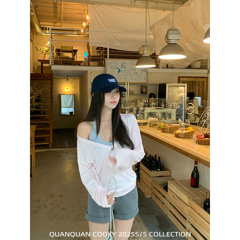 圈圈cooky  氧气苏打水宽松大v领纯色长袖T恤L0796T