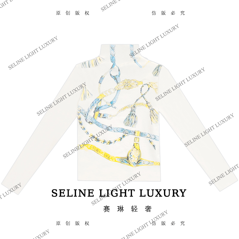 【25Q-752】海 2025 SELINE金色锁链印花时尚轻奢高领加绒长袖T恤