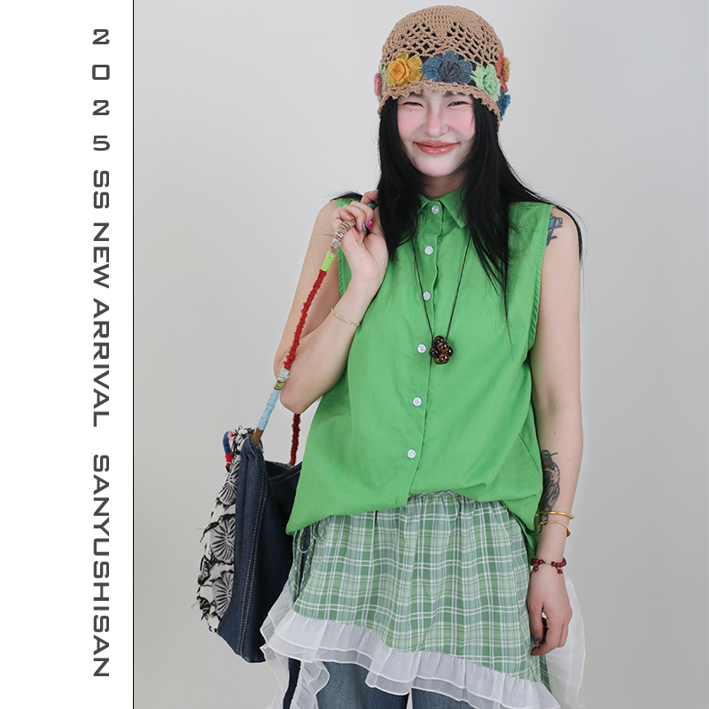 三与十三|橄榄石|夏季新款气质百搭纯色宽松复古无袖衬衫-1