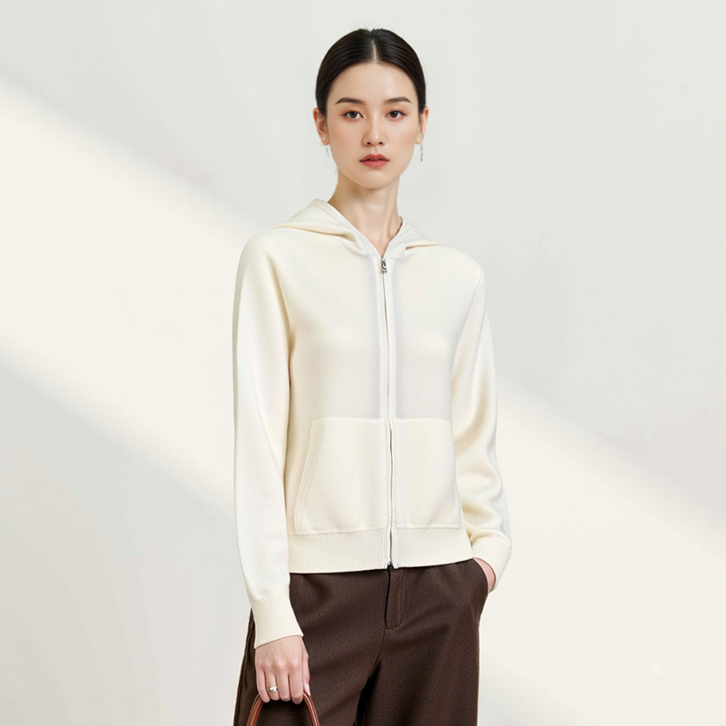 【100%绵羊毛】女士秋冬新款连帽开衫羊毛衫  金柑 LB-1N6905