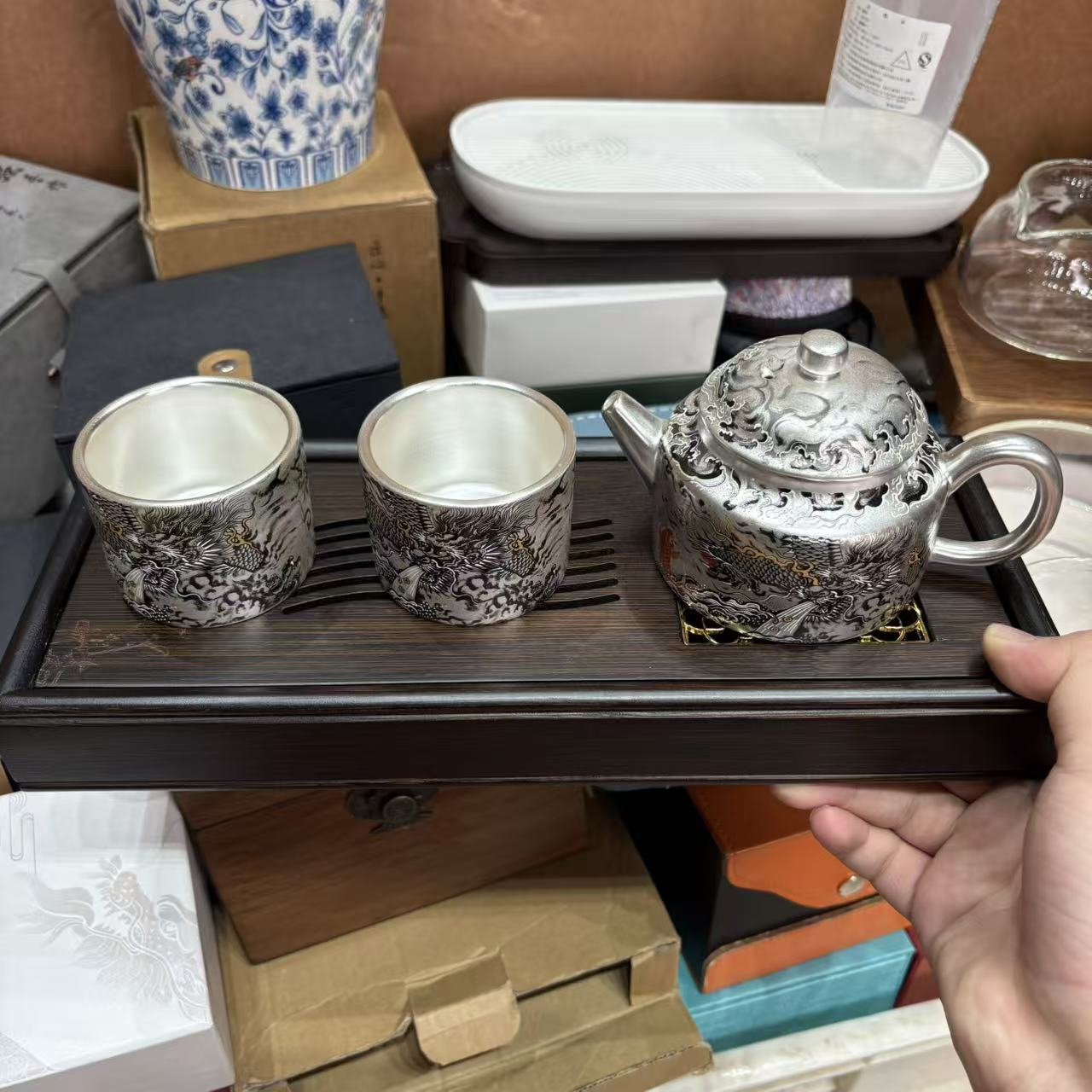 3店【闪购商品】周鸿杰墨龙鎏银壶套组加茶盘 2730+JZ120
