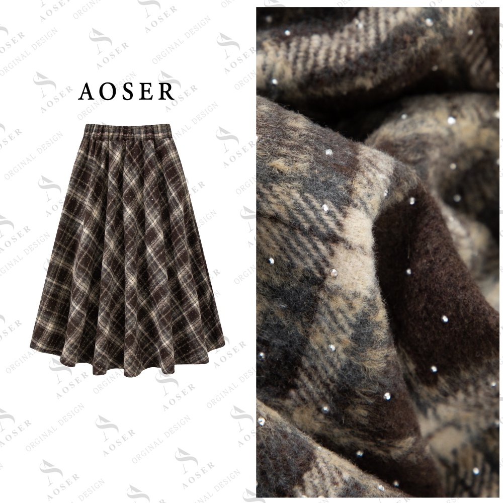 AOSER时尚百搭网红显瘦烫钻格子慵懒风半身裙女装801