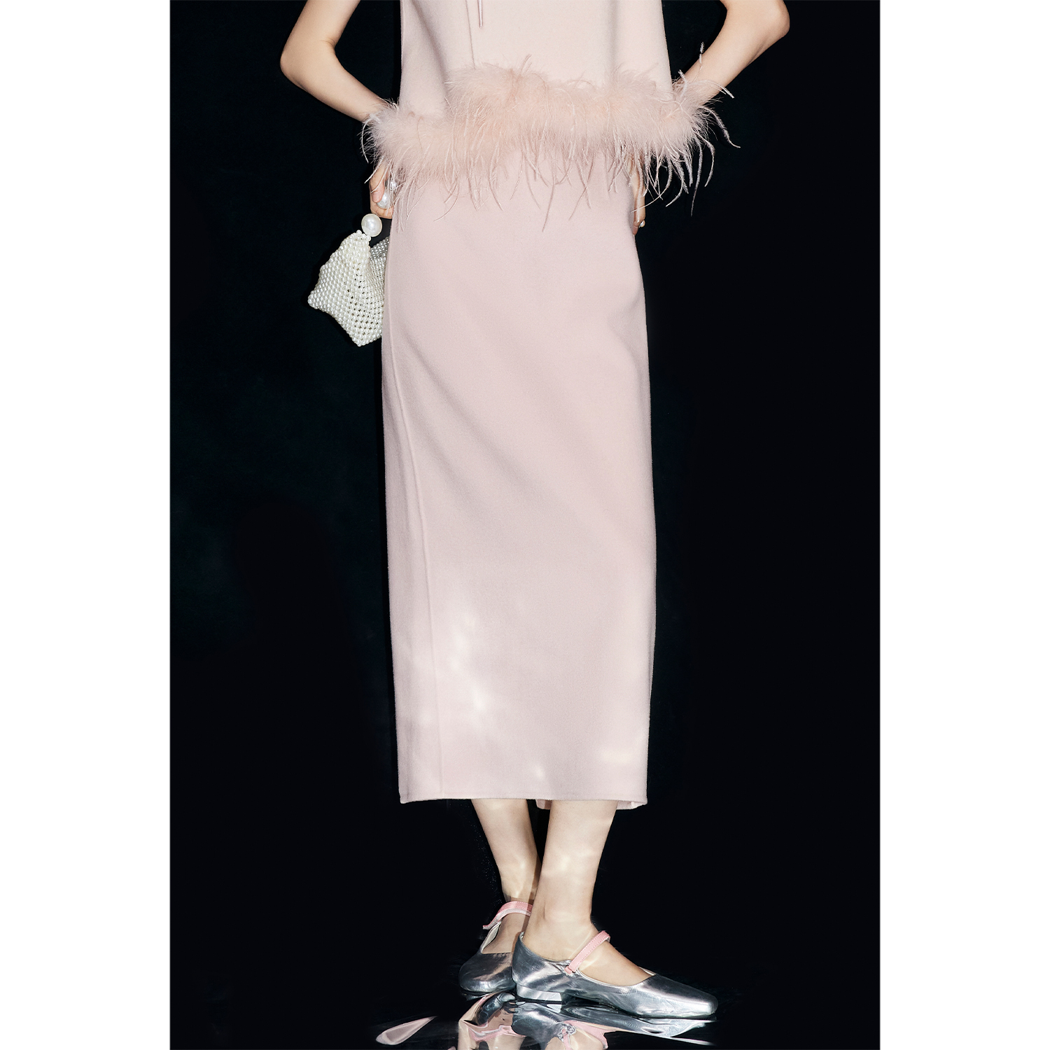 MandyZhang轻奢雅致粉色双面呢羊毛半身裙女秋冬高腰气质开衩长裙