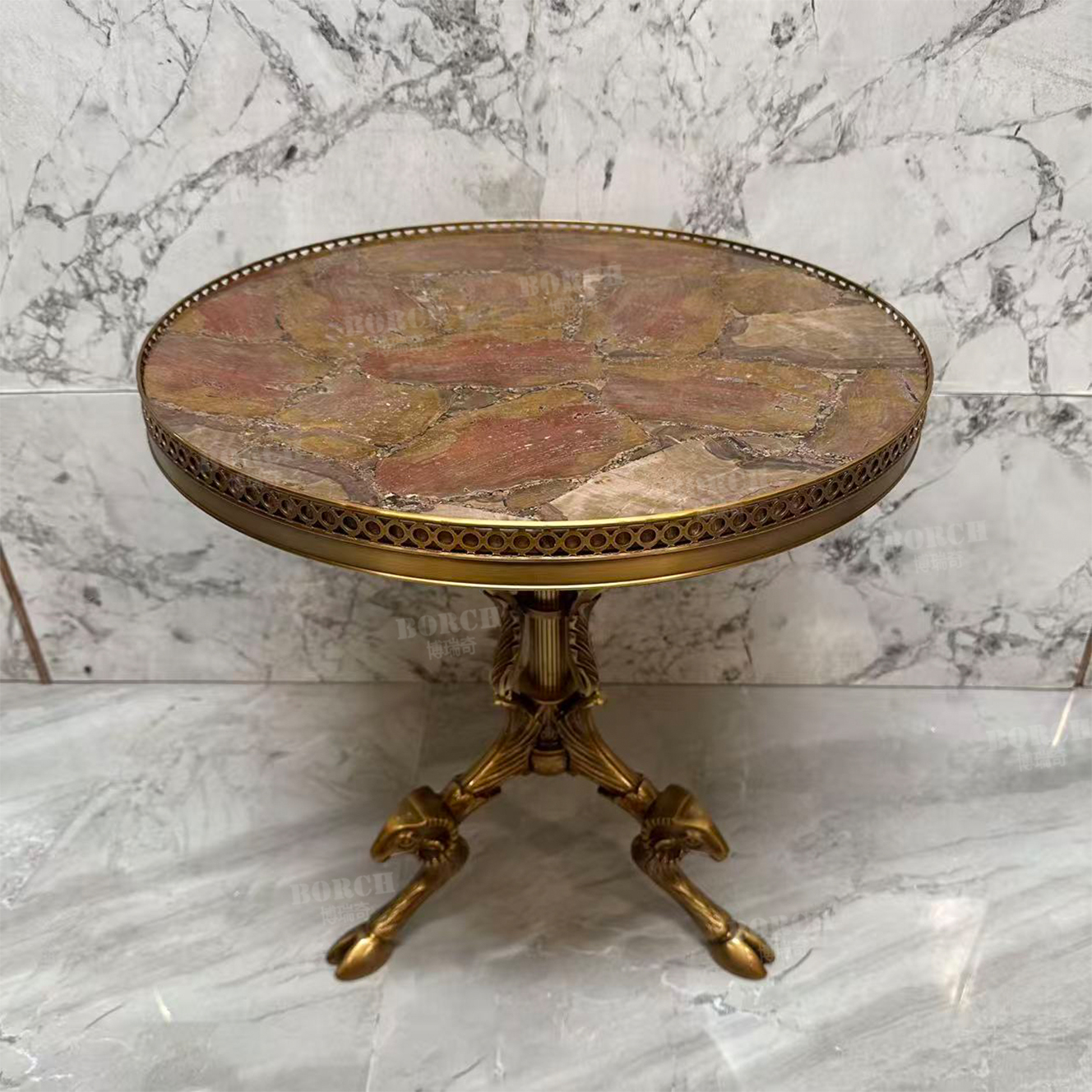 695博瑞奇三阳开泰边几木化石黄铜茶几 09789