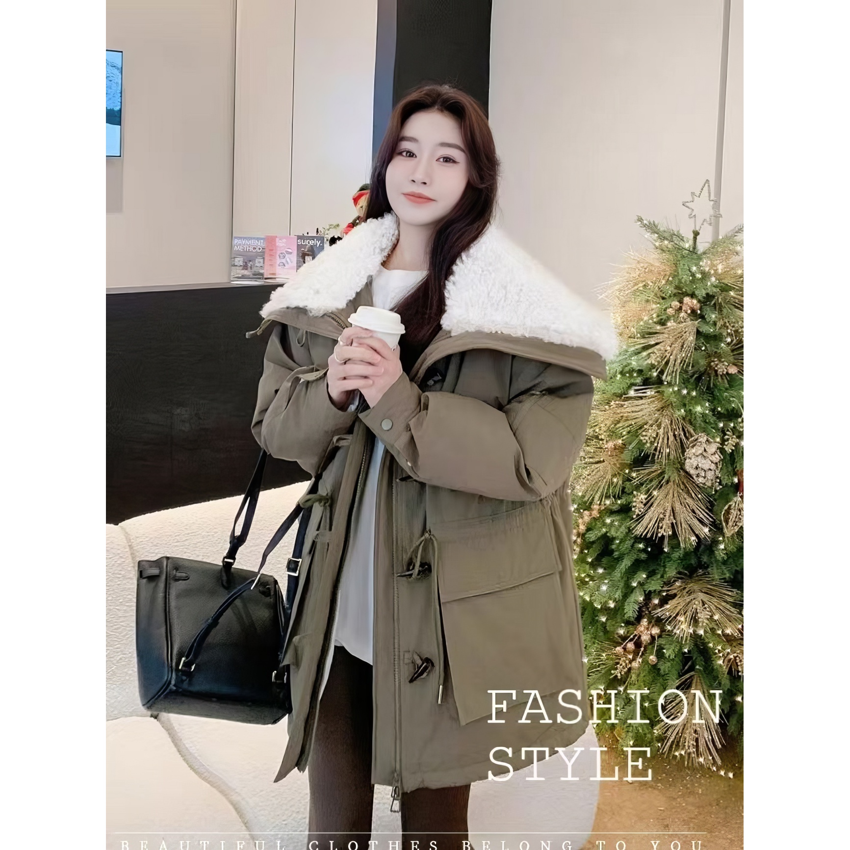 牛角扣毛毛翻领棉服冬季抽绳收腰工装仿羊羔绒拼接派克棉服女款潮