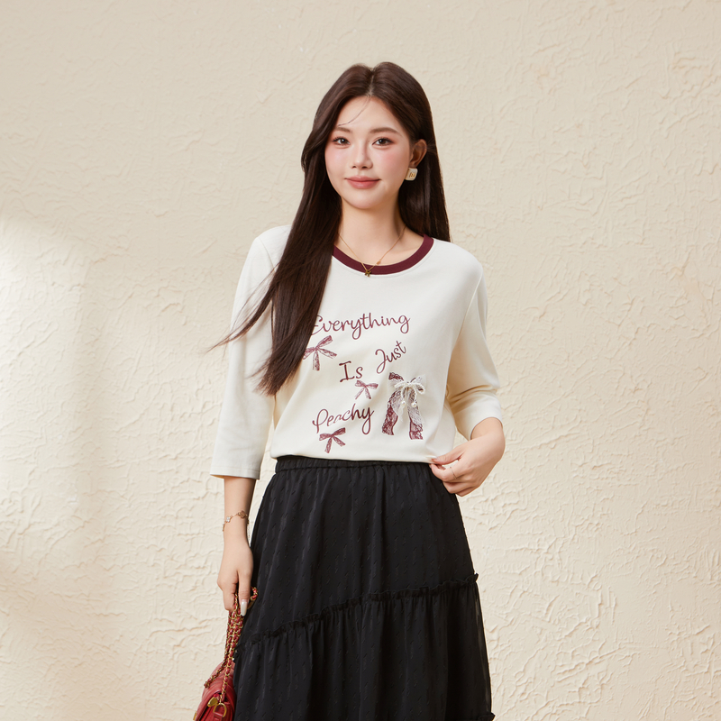 采多宝大码女装蝴蝶结印花七分袖2025秋季可爱风减龄T恤 EDZ5668