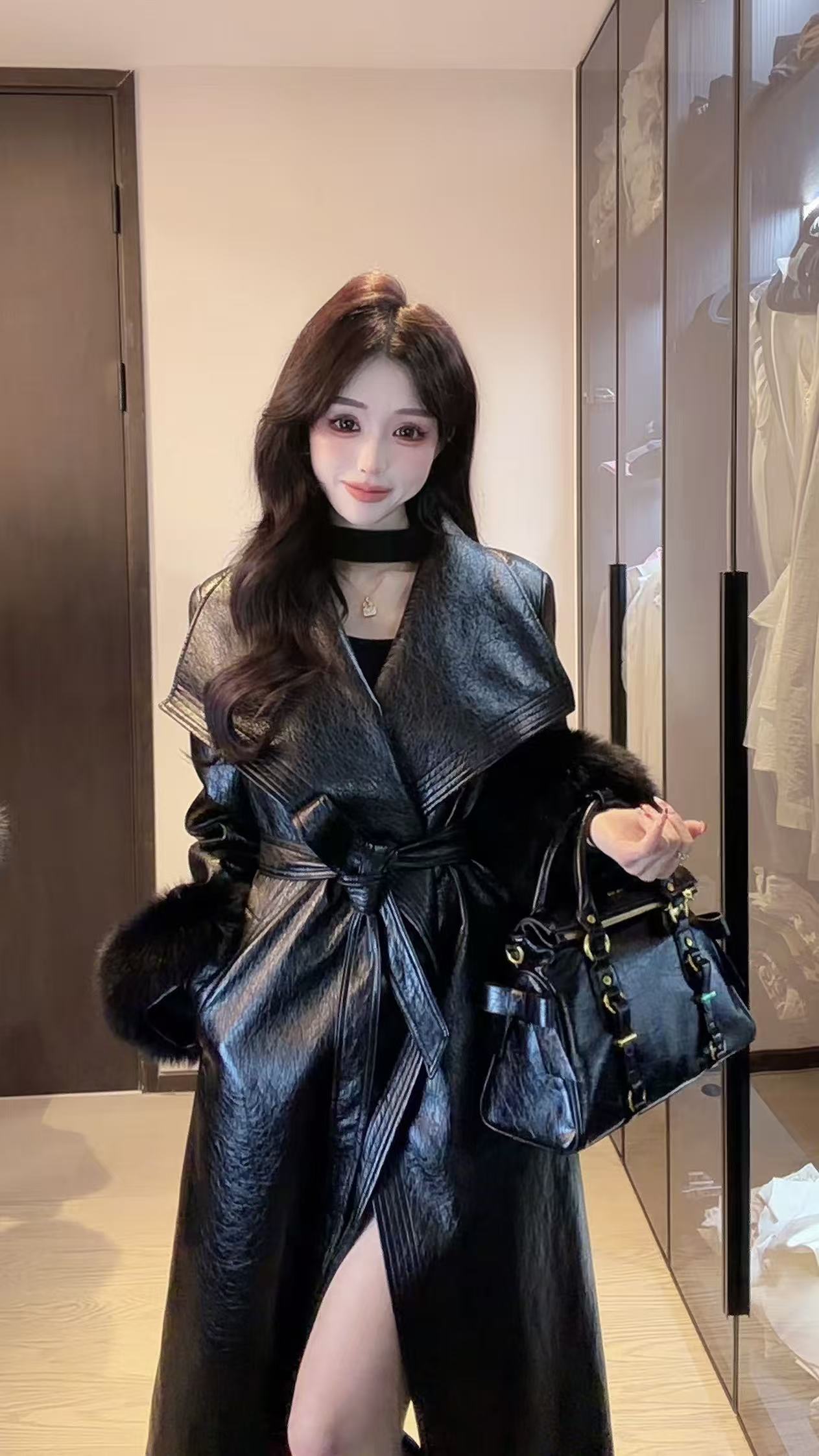 【阿娇私服】油蜡蛋白皮中长款收腰袖口狐狸毛内里羽绒 冬季新款31