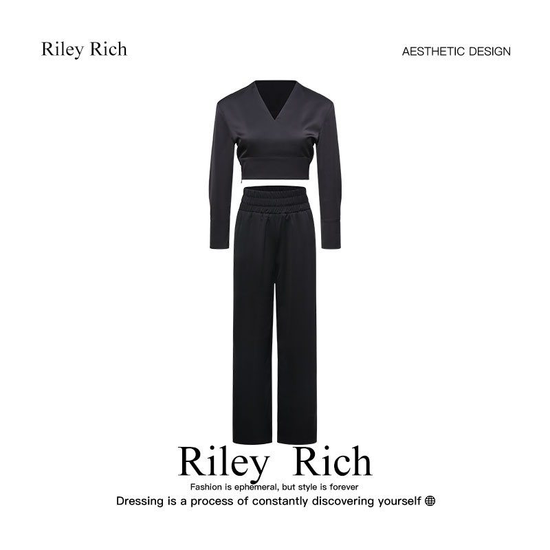 Riley Rich春季时尚套装女新款醋酸缎面雅黑轻奢显瘦