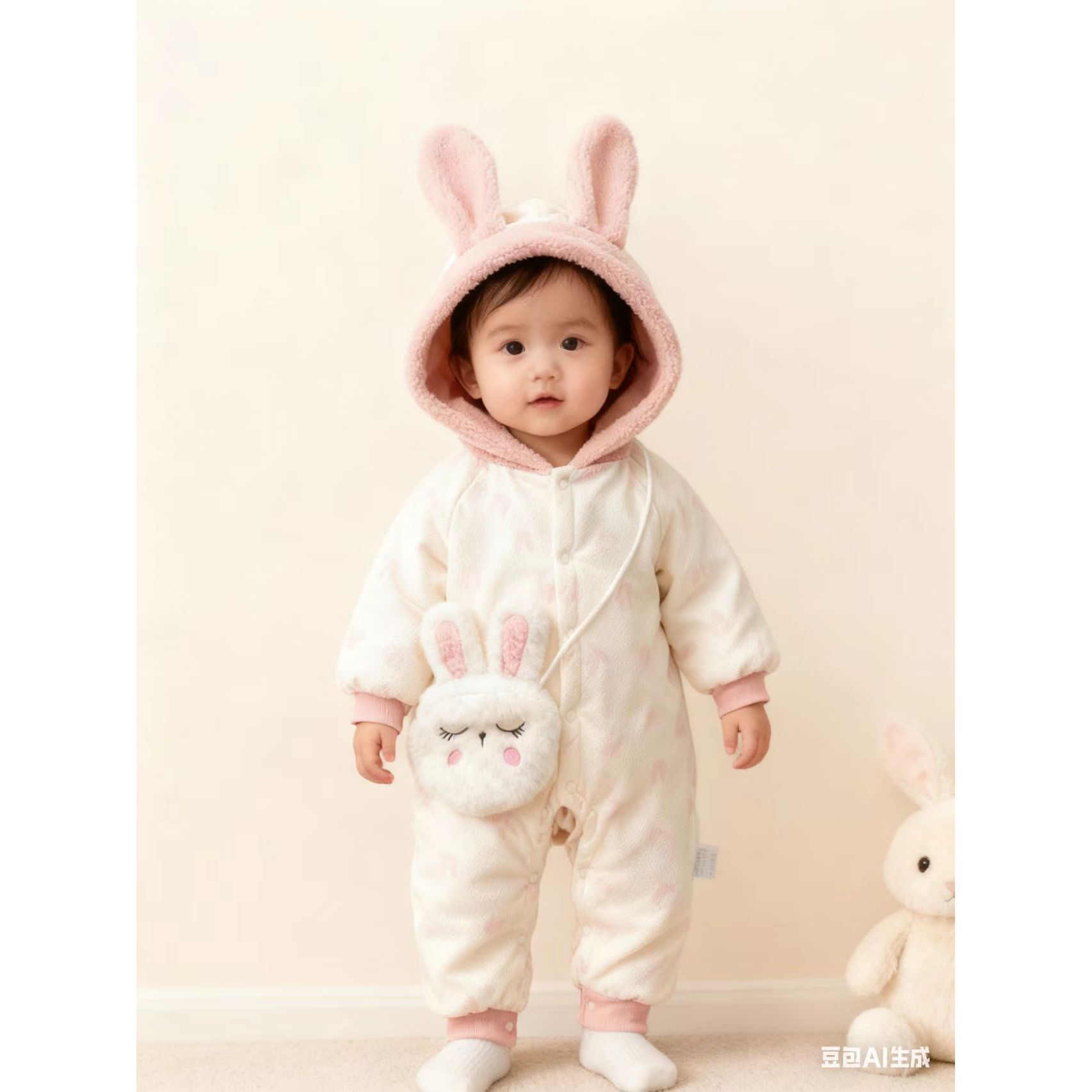 婴幼儿可爱休闲百搭日常款式外出服百搭款甜美带兔包棉哈衣