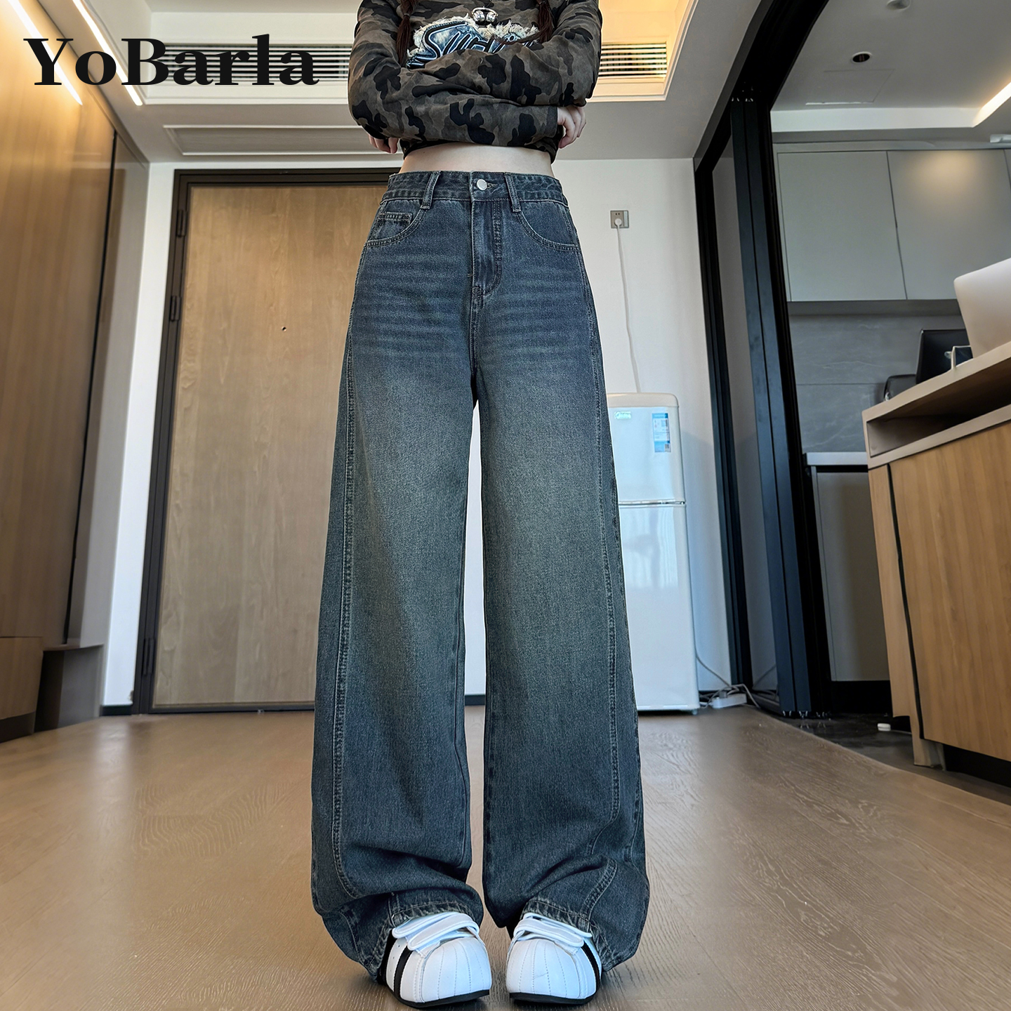 复古阔腿牛仔裤女高腰秋冬加绒大码胖mm宽松梨型身材显瘦直筒裤子