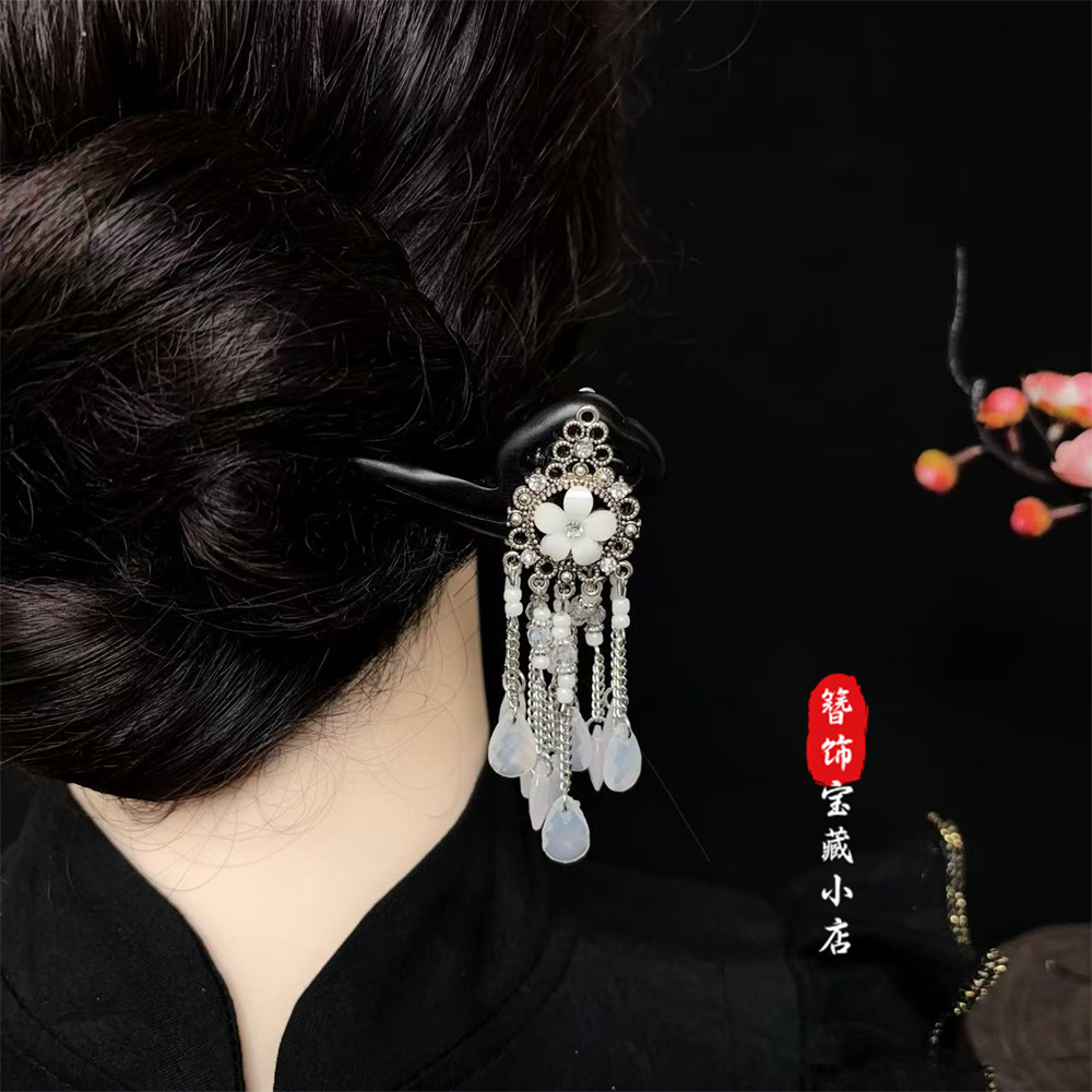 a893【白花流苏】18公分古风双面发簪长流苏国风气质新中式发簪头饰